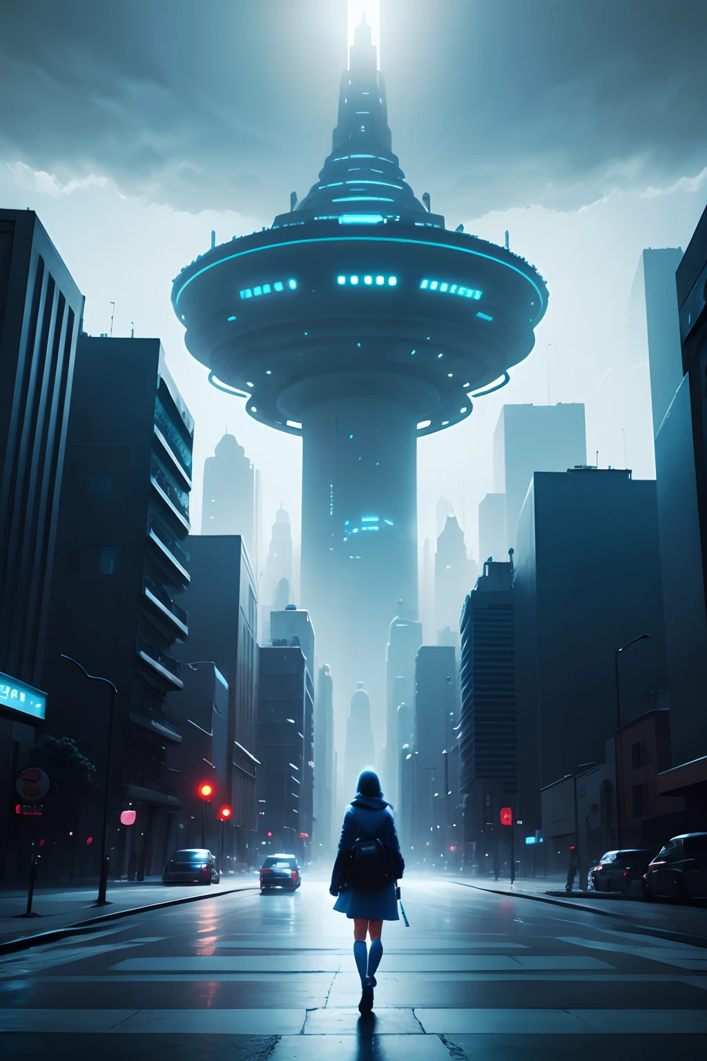 futuristic city, steven spielberg movie, girl walking down the street, blue colour palette