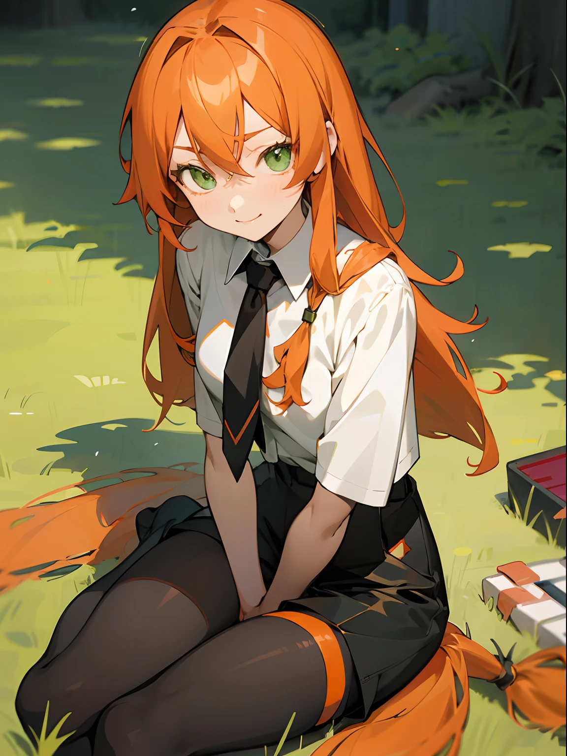 Anime girl sitting on grass，Green eyes，Renbi，Human sticks,Loss of limbs，All limbs are severed，ssmile，shirt，Black  shorts ，black lence stockings，cell shaded adult animation，Horsetail hair draped over the shoulders, rena nounen style 3/4, Also, anya from spy x family, style of anime》, She has orange-red hair, In the anime, she has long redorange hair, in the anime film