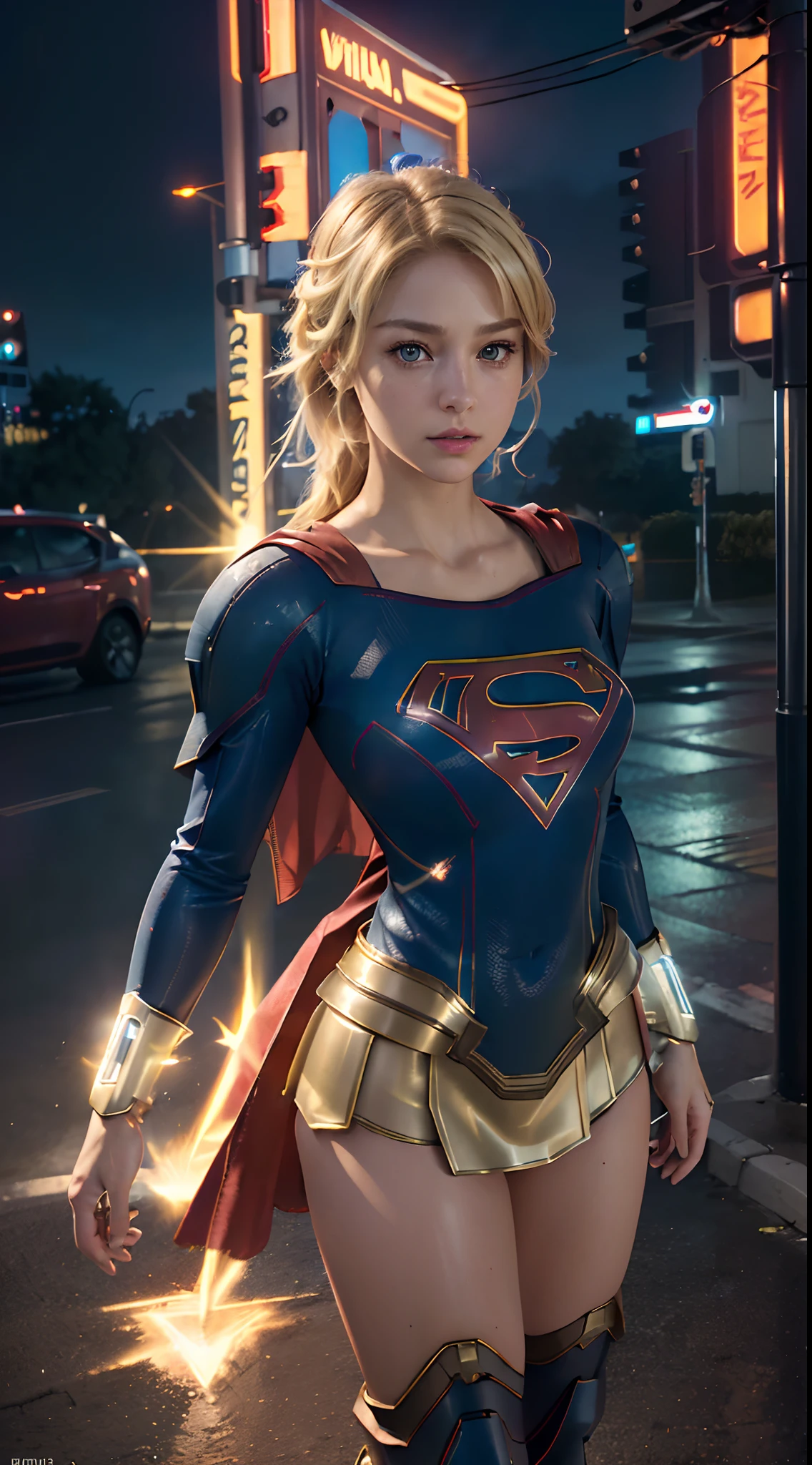 Photorealistic,Realistic illustration in Manga Style,((Masterpiece)),((Best quality)),((Ultra detailed)),((1girl)),((only)),((waifu:1.5)),Unreal Engine 5,Photon Mapping,Physically-based rendering, Perfect anatomy,Cute_face,Exceptionally Beauty Waifu Realistic Photo Of Young Exceptionally Beautiful Waifu Melissa Benoist as Supergirl,((Majic Energy Aura)),((Majic Mistery Aura Of Energy Around The Body)),in a Fantasy Street,Close Up Face,((Wearing Off-shoulder Supergirl Costume Futuristic Tech Neon Armored Dress)),((Mechanized Tech Neon Parts in Arms and Legs Visible:1.3)),((Mechanized Valkyrie Neon Futuristic Tech Full Armor Supergirl Suit:1.3)),((Light Blonde Hair:1.3)),((Glowing-Red-Eyes)),Wavy Hair,Eyeliner,Cute Makeup,((Perfect Detailed Eyes)),Cyberpunk City,rainy outside,night,Vivid Details,Maximum Details,Hyper Defined Details,((HDR,UHD,DSLR)),((Film Grain:1.3)),Fujifilm X-T4,((Extremely CG Unity 8K Wallpaper)),Intricate Detailing,Extremely Beautiful and Aesthetic,Octane Rendering,Full Body Portrait,Damp Skin,((Perfect Detailed Body)),melissabenoist-smf