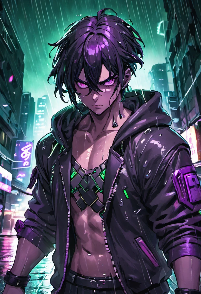 fotografia de close-up, jovem homem cyberpunk confiante com cabelos brancos com um rabo de cavalo grande preto, usando um capuz com desenhos verde e roxo, on a rain-soaked street at night, fotorrealista, Cinematic lighting
