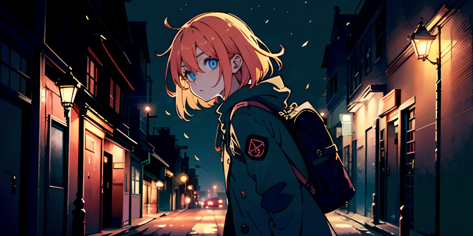 A young girl with long orange-pink hair and blue eyes, carrying a backpack walking down a deserted street, in the middle of the night with long shadows on it. She looks over her shoulder, her eyes wide with fear, as if she senses a presence behind her. At night. A dimly lit street with flickering street lights, and long shadows create an eerie atmosphere. Deserted street, long shadows. The street lights start flashing. Tree branches sway. Violently, the leaves rustle in the wind, creating an unsettling sound. At night. Her head turns sharply, her gaze darting from side to side, searching for any sign of danger.Attractive body