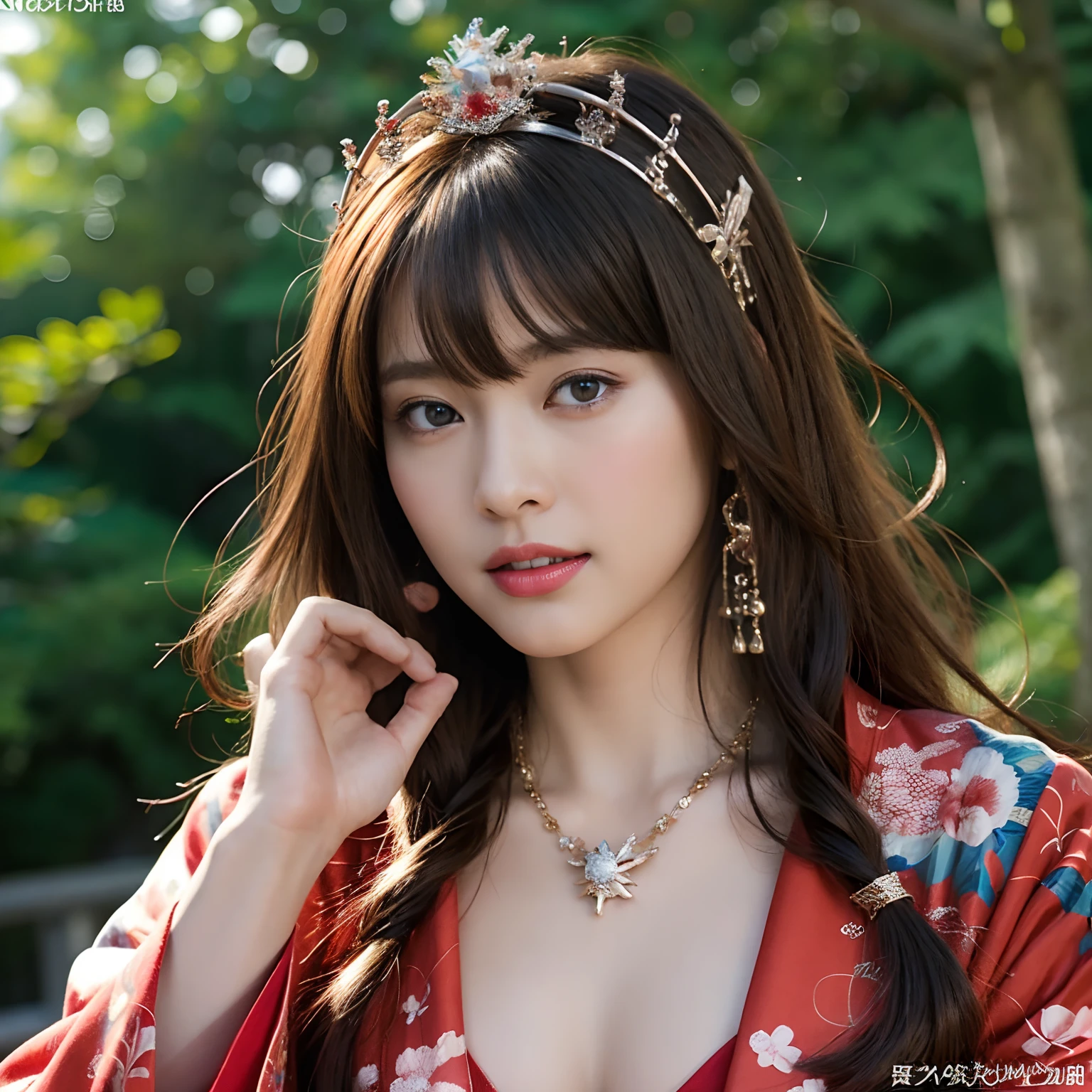 (Fight fiercely with dragons)、top-quality、masterpiece、超A high resolution、(Wearing a colorful Japan kimono)、Kimono with beautiful pattern、(Wearing a beautiful crown made of jewels),(Photorealsitic:1.4)、Raw photo、女の子1人、Japan big castle background、glowy skin、(((Chinese Dragon)))、(Gorgeous Jewelry Necklaces)、(Mystical expression)、(Fight big dragons)、With a beautiful knife、(White Metal Bodysuit)、(beautiful forest background)、Precipitous cliffs、(Small LED)、((super realistic details))、portlate、globalillumination、Shadow、octan render、(One-Eyed Scouter)、8K、ultrasharp、Colossal tits、Raw skin is exposed in cleavage、metals、Details of complex ornaments、Japan details、highly intricate detail、Realistic light、CGSoation Trends、Blue eyes、radiant eyes、Facing the camera、neon details)、Gundam、Small LED、,Mechanical thighs、Toostock、(Hands are also made of machines)、(veils)、