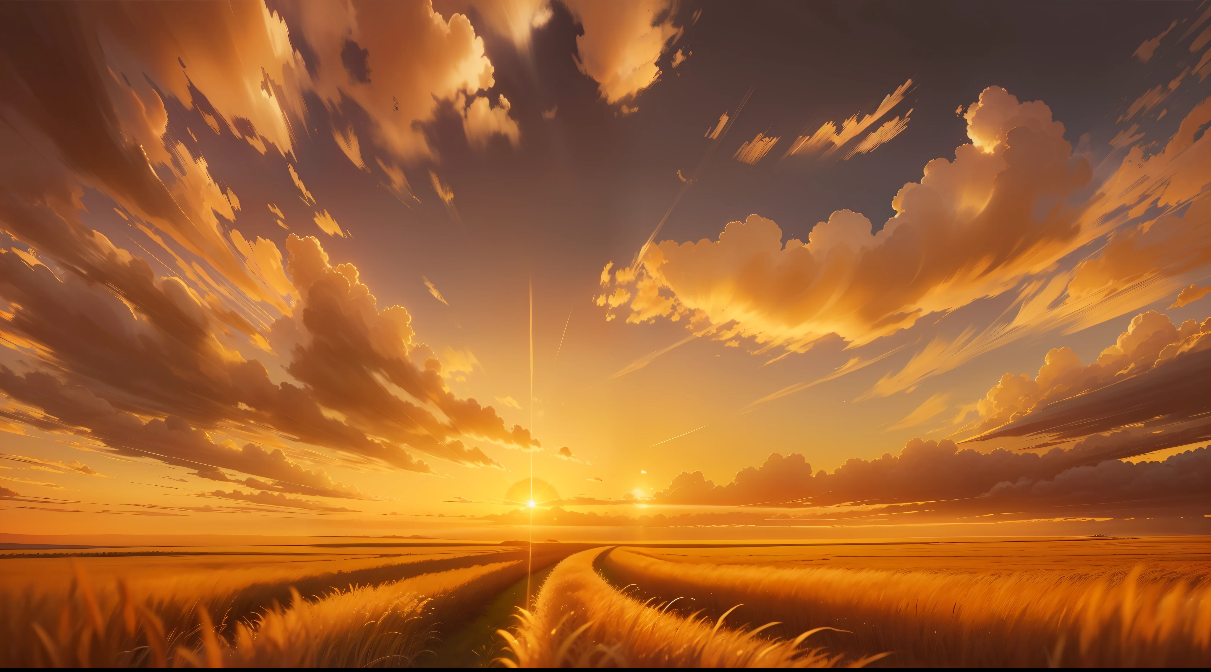 A close up of a field of grass with a sunset in the background - SeaArt AI