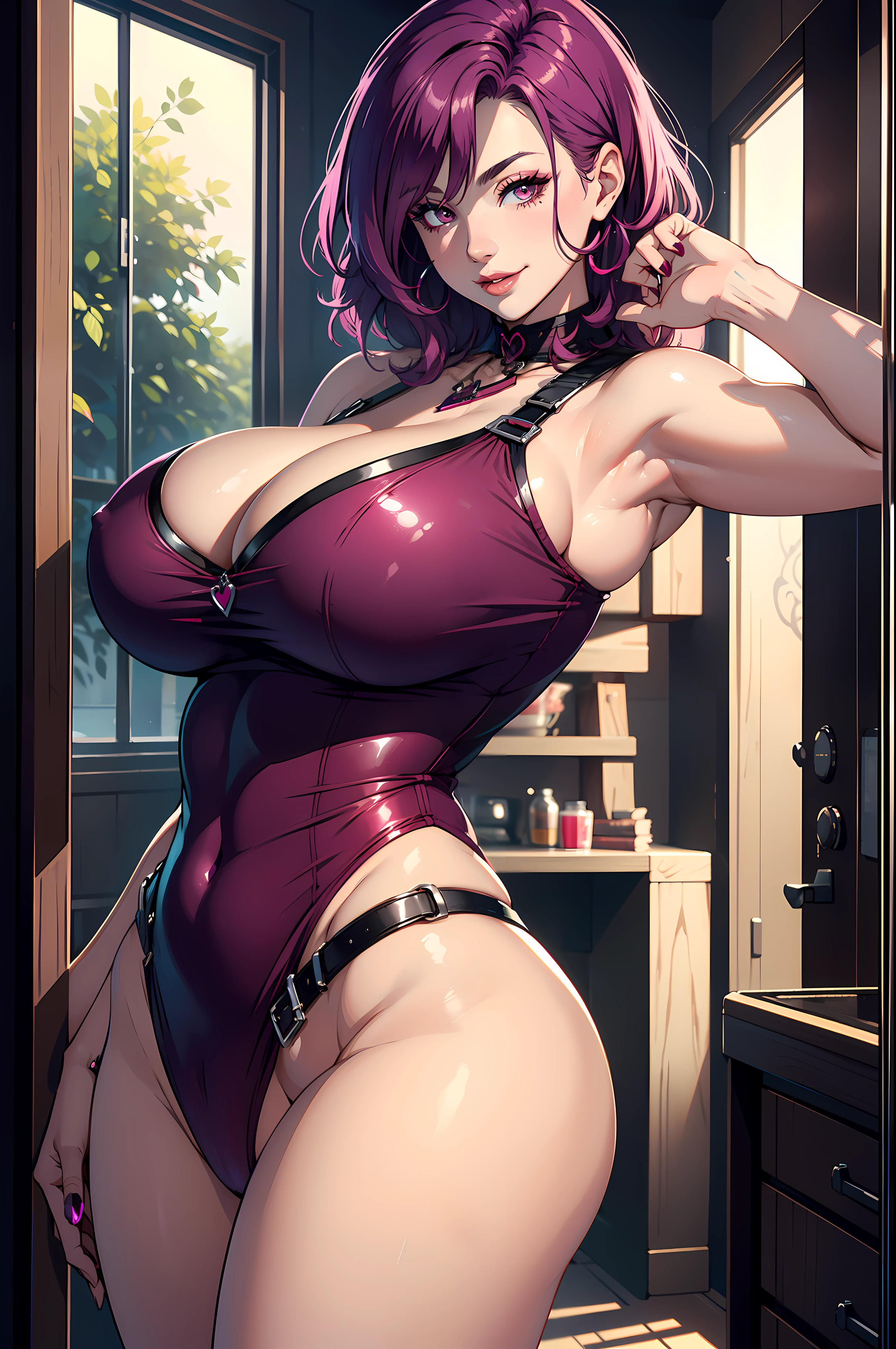Best quality, mature woman, giant breasts, giant ass, very curvy, magenta hair, magenta eyes, full lips, seductive, smiling, model