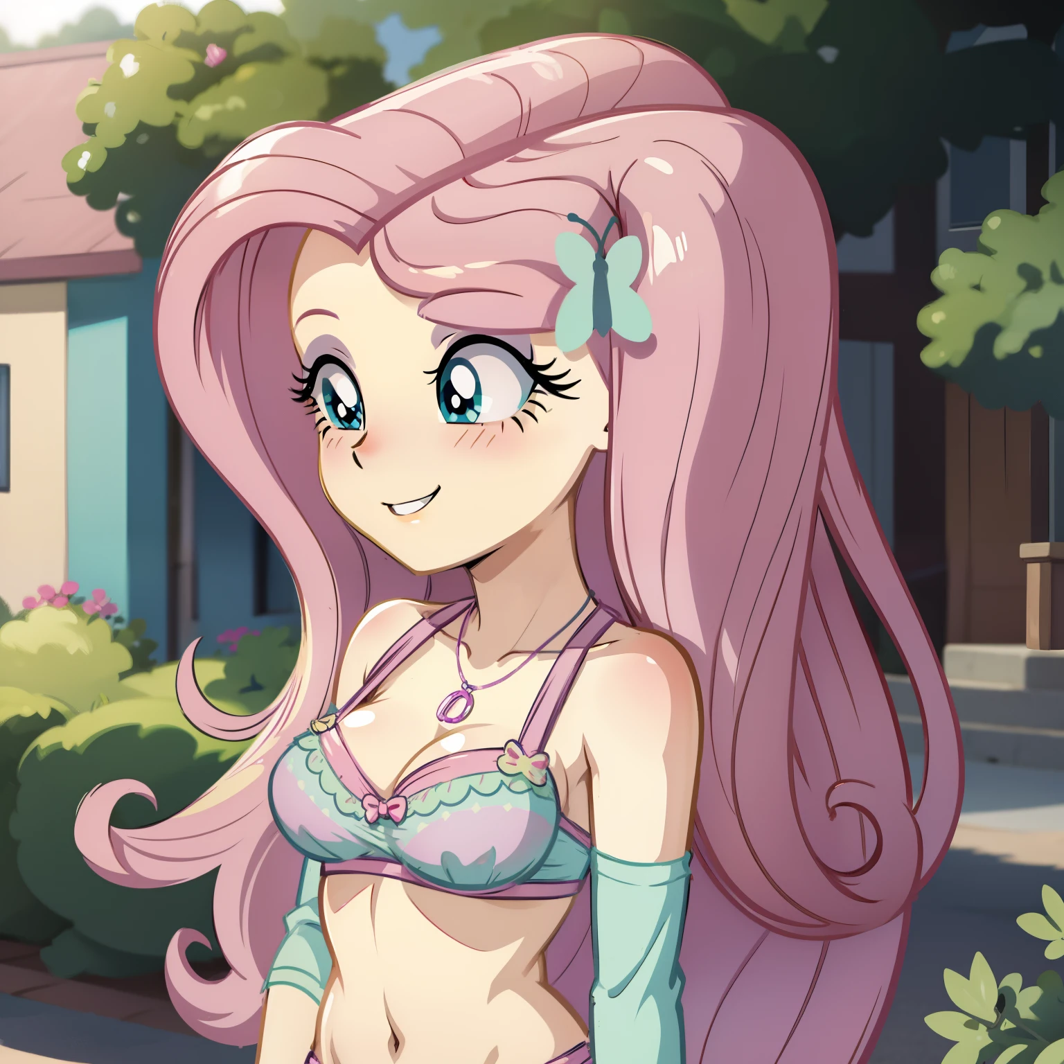 Fluttershy, bikini, Equestria girls Fluttershy, pink hair, curvy, blush,smiling, sexy bikini,cuerpo completo, really sexy,