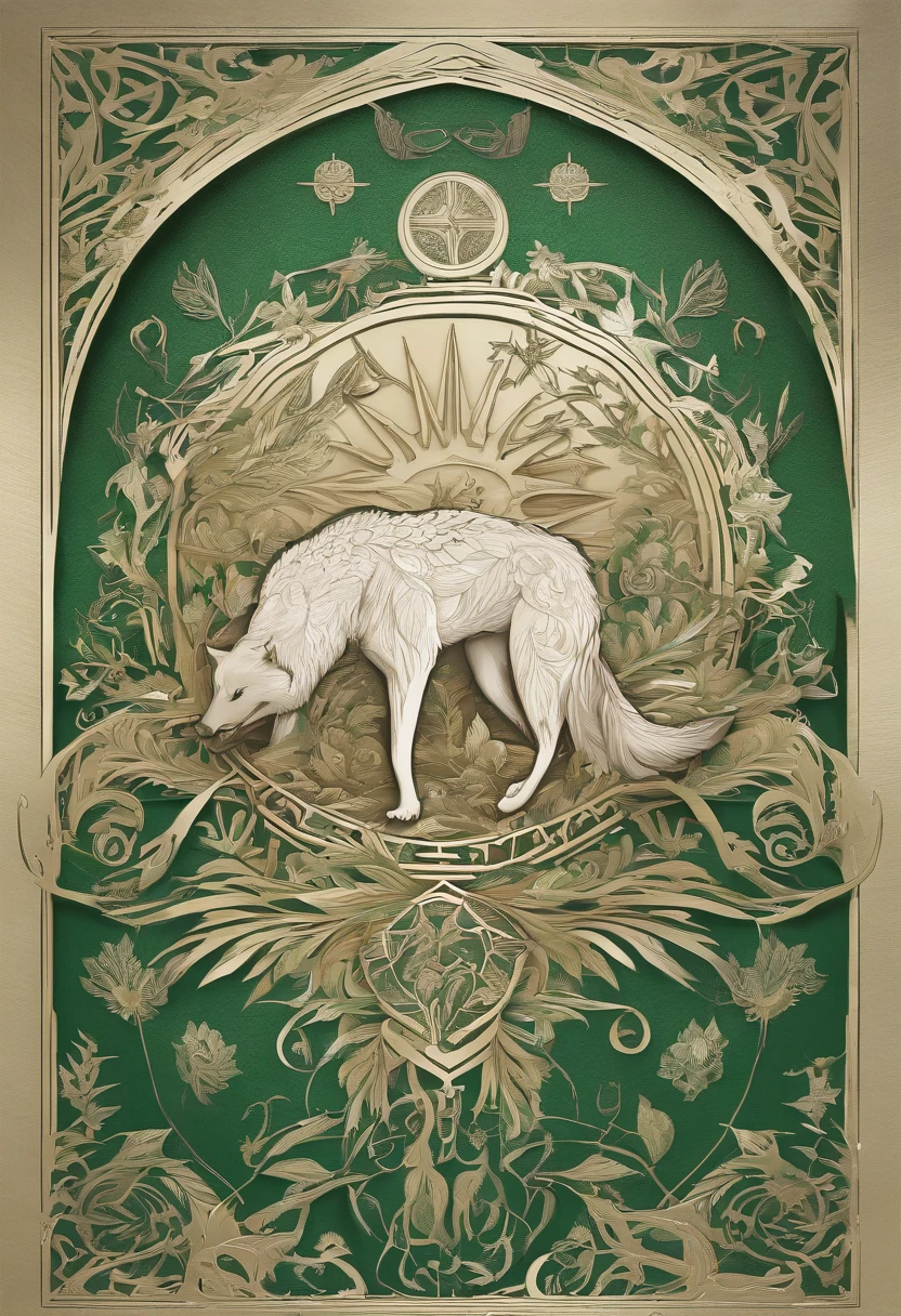 Shield: The shield itself has a deep green background, symbolizing the exuberance and vitality of nature. In the center of the shield is a stylized image of the sun rising over a mountainous horizon, representing the Greenleaf family's connection to sunlight and nature. The sun's rays extend outward, radiating heat and light, symbolizing Aurora's solar powers.
Ornamentation: Above the shield, there is a knight's helmet, indicating nobility and protection. Protruding from the sides of the helmet are green cloaks that flutter in the wind, adorned with patterns of leaves and flowers. This further highlights the family's connection with nature.
Support: To the left and right of the shield are two stylized animals: a wolf and an owl. The wolf represents courage and determination, qualities that Aurora demonstrated on her journey to protect nature. The owl symbolizes wisdom and knowledge, reflecting the family's commitment to learning and understanding magic.
Motto: Below the shield, a Latin motto reads "Lumen Naturae Custodiamus" which means "Guardians of the Light of Nature". This motto highlights the Greenleaf family's mission and responsibility to protect and preserve the light and harmony of nature.
Colors: The predominant colors in the coat of arms are deep green and bright gold. Green represents nature and vitality, while gold represents the sun and light.