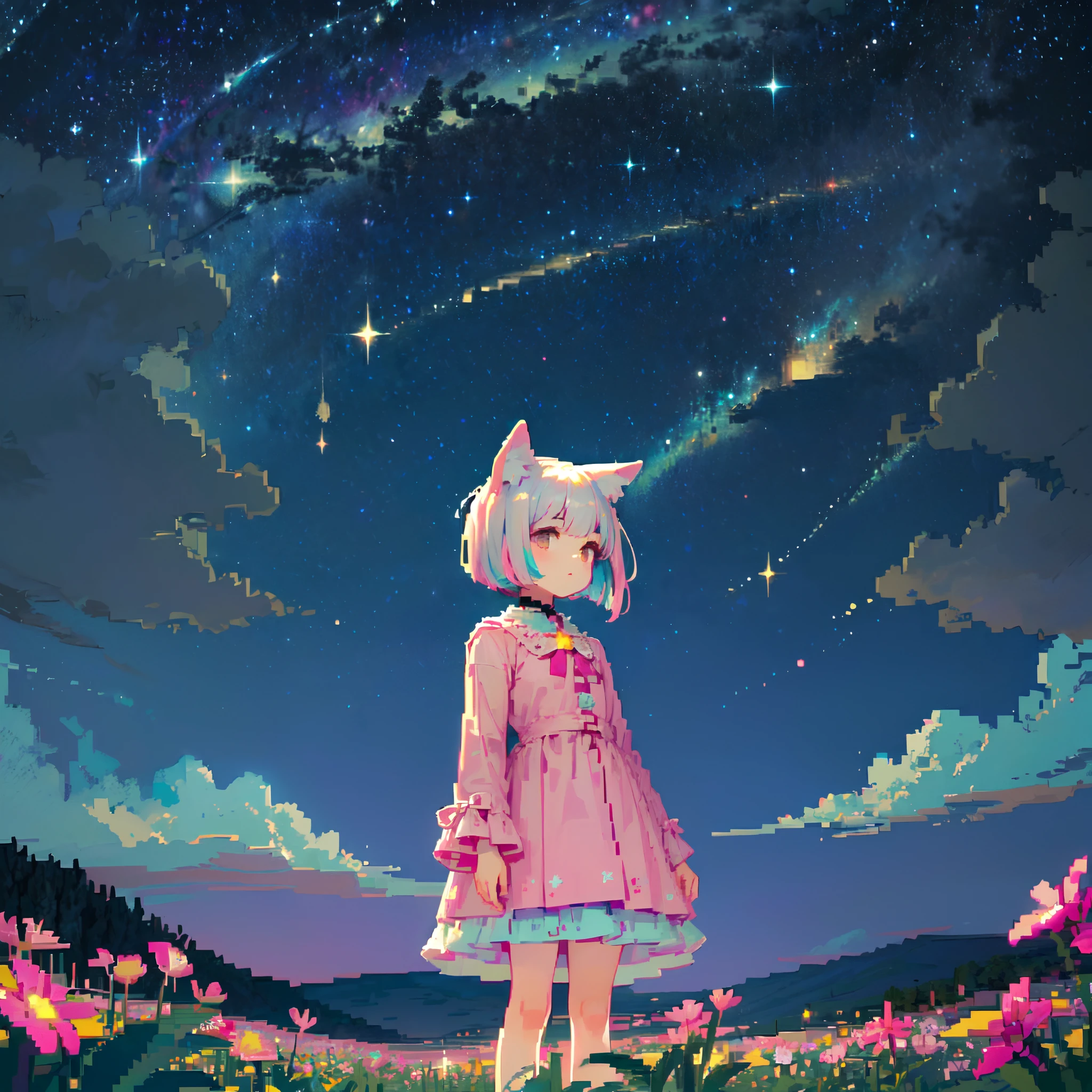 ((in the style of pixel art)), 16-bit, a wide landscape photo, (viewed from below, the ((dark starry night sky)) is above, and the open field is below), 1girl, ((nekomimi)), a distant ((catgirl)) is standing on the flower field looking upward, ((short turquoise hair in a wavy bob-cut)), (pink highlights: 0.1) distant mountains
