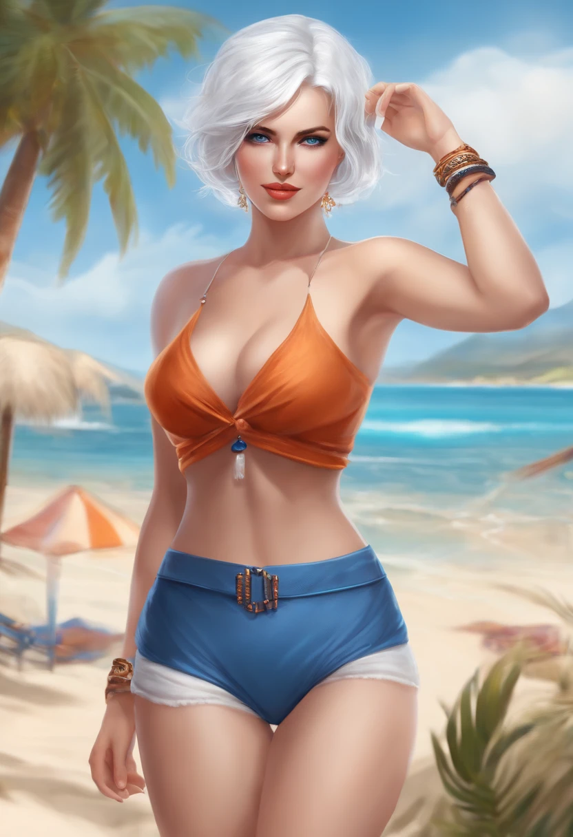 1girl, blue bandana, white hair, short hair, blue eyes, posing, breasts, cleavage, thighs, beach, big breast,