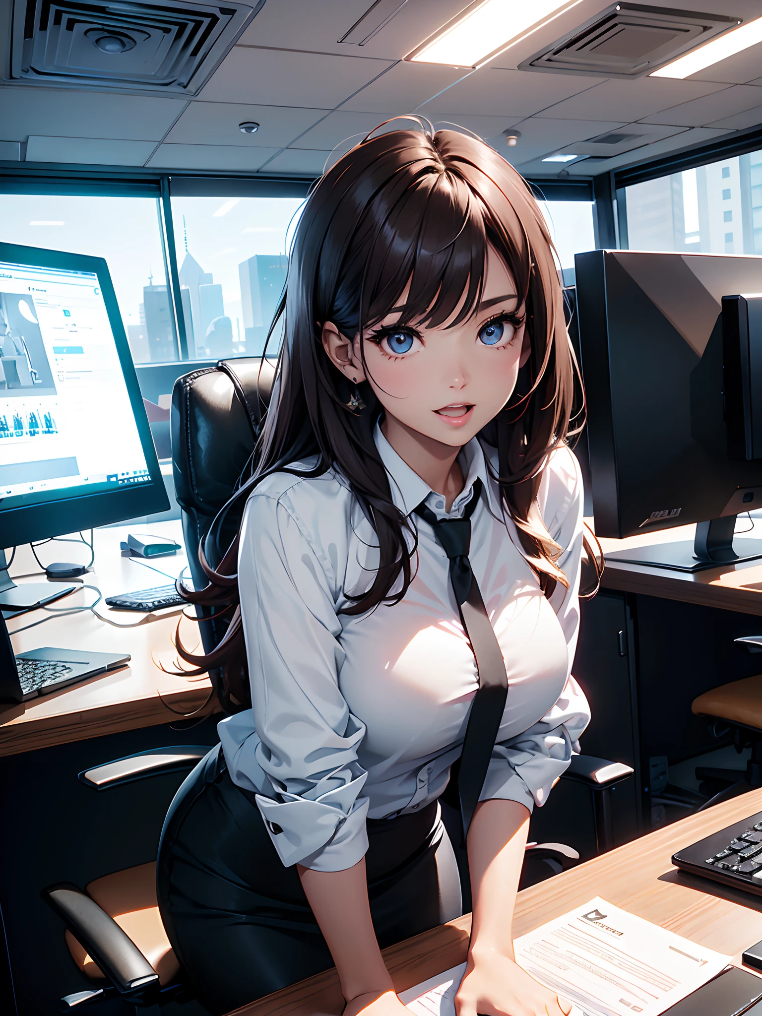 ​masterpiece、High resolution 8K、NSFW、Colorful light lighting、foco nítido、Detailed skin、masutepiece、 top-quality、The ultra -The high-definition、超A high resolution、extremely details CG、subject,FULL BODYSHOT、Office room、Large number of large monitors、Computer on desk、trading、documents、stock、Chart screen、Female OL、Woman sitting on chair、Beautiful dark eyes、(detailed faces and eyes、(faces:1 2)、Clean pupils、Almond Eye)、(red brown hair、poneyTail、hi-top fade:1.3、asymmetrical bangs)、(ID Card Strap)、(Office Clothes、Black Blazer、White cutter shirt、Black Pencil Skirt、pumps)、(gross、Glossy lips、Small breast size) 、(oval-face : 1.4)、(Fine fingers、detailed arms、detailed human hands)、Laughing、Open mouth、teeth showing、