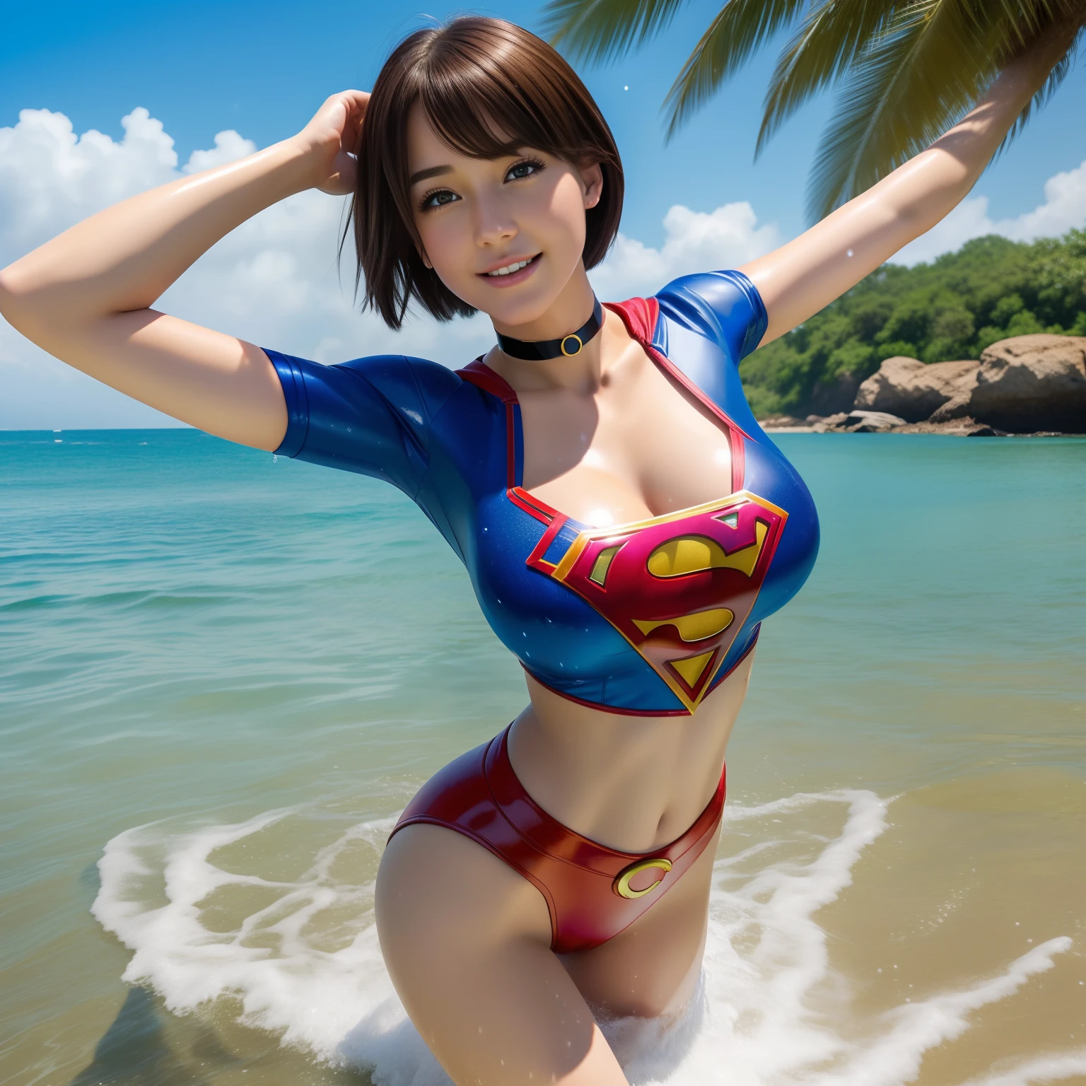 (Best Quality,4K,8K,hight resolution,masutepiece:1.2),Ultra-detailed,Realistic:1.37,Super masterpiece,Short-haired Supergirl frolicking at the water's edge、large full breasts、Looking at the camera、Glossy costume、a choker、bare-legged、MagazineCover、Cheerful pose、Water droplets