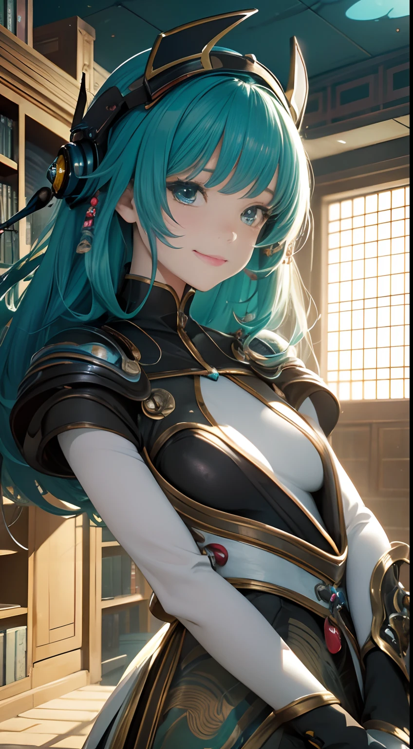 Basia Tran, Kate Greenaway, Japanese Anime, Surreal Mysterious Weird Fantastic Fantasy Sci-Fi, Library, Spaceship, Solo perfect voluminous body Girl, m Inertial Winder, detailed, high resolution definition best quality masterpiece, vibrant colors, sharp focus, depth of field, cinematic lighting, very cute smile