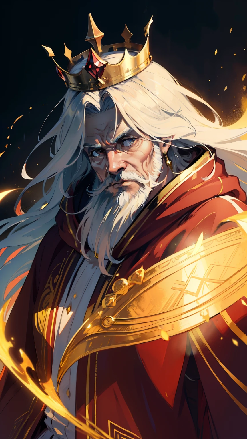 (((((male))))), masterpiece, ultra detailed, 8K Portrait, Raw photo, a portrait photo of, Highly detailed face, ((Fantasy)), (((old man))), (((king))), ((crown)), wears a lot of jewelry, white long wavy hair, strong beard, (((gold silk long cloak))) Fluttering in the wind, (((Crimson long robe))), by the throne, Midday Sun, Hyper realistic, Strong body, in a larger Audience room, Ambient lighting, Shadow details , Camera focus on face, strong breeze, Light fog
