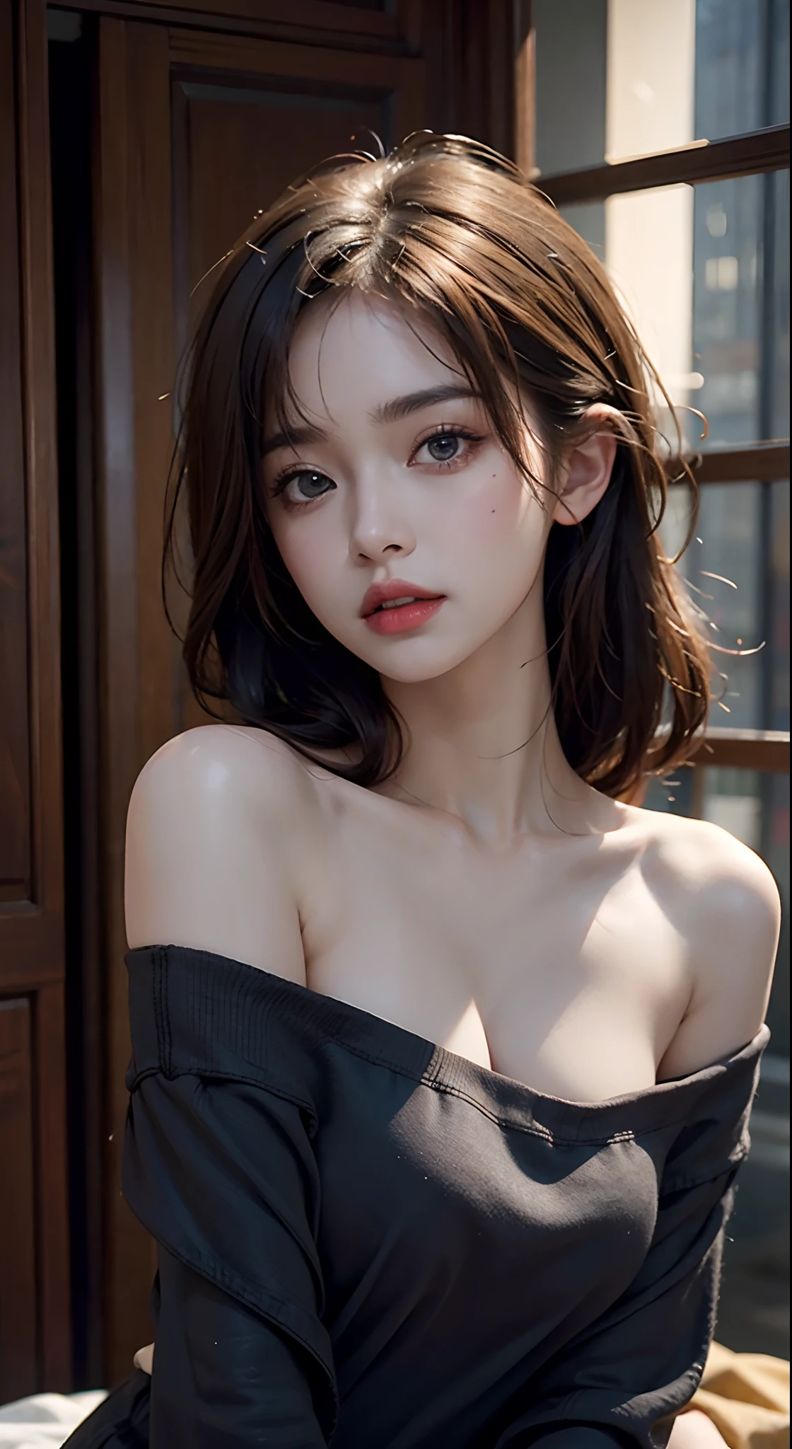 Best quality, masterpiece, ultra high res, (photorealistic:1.5),Elegant look, raw photo, breast, 1girl, offshoulder, in the dark, deep shadow, low key, cold light, sexy look, short hair, necklace,