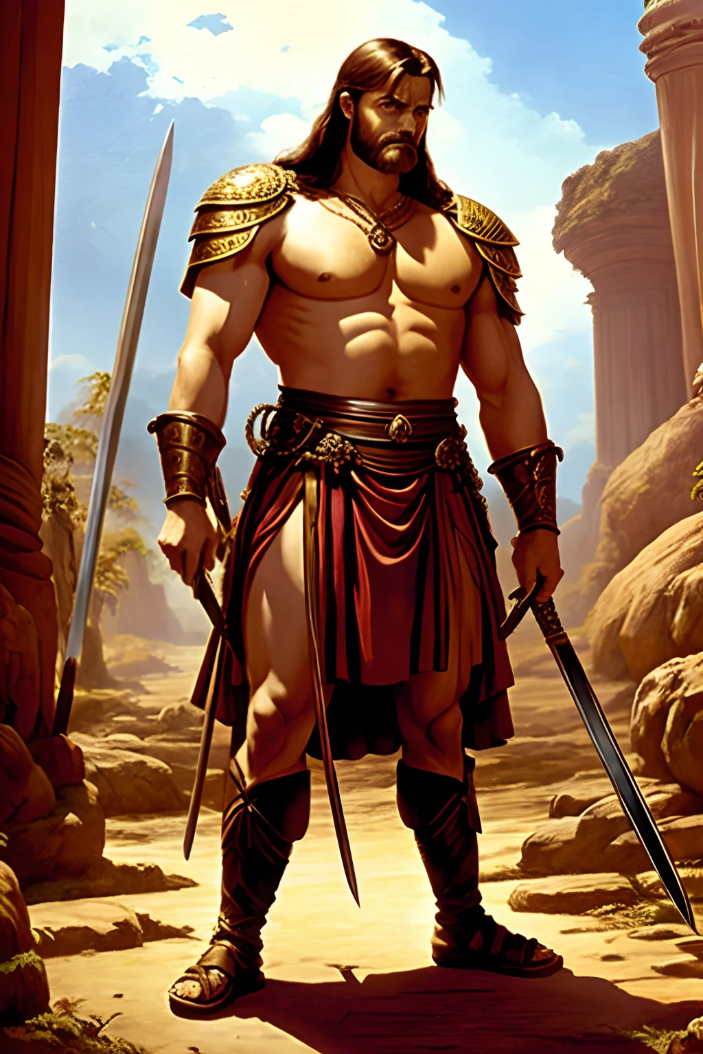 Reg Park as King Conan standing with his sword in hand in front of the throne of Aquilonia, lies on the ground one of his enemies,ao lado vemos Adriana Ambesi como uma concubina assustada,