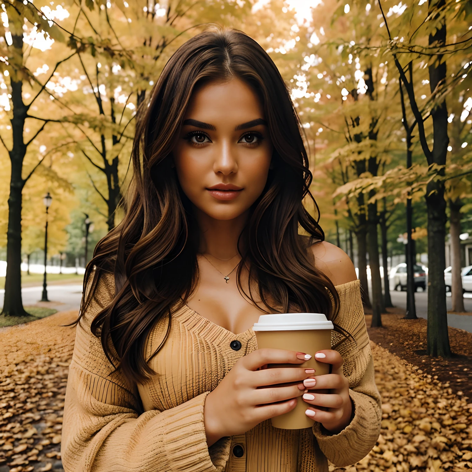 Generate full-body photography of Autumn, the stunning brunette influencer. She should appear in her mid-20s, approximately 5'4" tall, with long, wavy chestnut hair that falls gracefully on her shoulders. She has an athletic hourglass figure accentuated by her full bust. Her complexion should be flawless, with a warm, sun-kissed tan. Autumn's expressive brown eyes should radiate charisma, and she should have a relaxed and confident demeanor.For the 'Pumpkin Spice Personified' theme, Autumn should be dressed in a daring and spicy autumn-inspired outfit that reflects her playful personality. Think fashionable, bold, and confident with a dash of charm.The surroundings should exude a cozy autumn atmosphere, featuring elements like fallen leaves and soft, warm lighting, creating a backdrop that highlights Autumn's love for the season.Pose Autumn in a way that captures the essence of autumn and her spirited personality. She holds a coffee to go cup, adding a dash of spice to the photo and emphasizing her love for all things pumpkin spice.Intense look and makeup with autumnal colors, symmetrical eyes, symmetrical face, photorealistic, photography, path tracing, specular lighting, volumetric face light, path traced hair, visible shadows, intricate, elaborate, hyper-realistic.