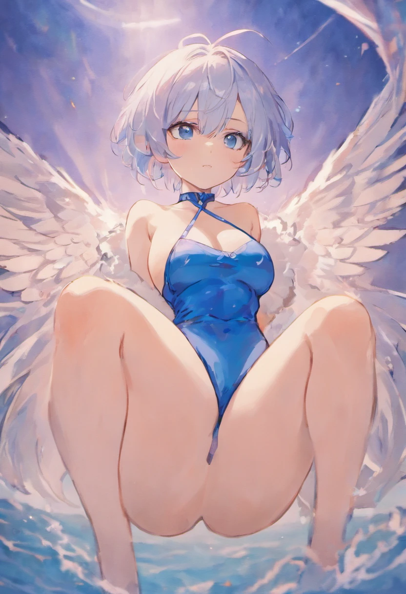 1girl, blue bandana, white hair, short hair, blue eyes, posing, breasts, cleavage, thighs, beach, big breast,