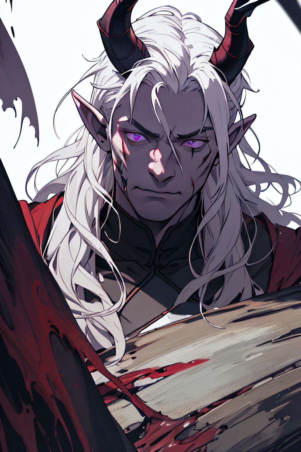 magv1ll, (highly detailed:1.3), masterpiece, best quality, extreme detail,1guy, male focus, young, solo, long wavy white hair , Tiefling, male, pointy ears, horns, pale skin,(closed mouth:1.2), armor, robe, shadow magic, undead, scars, Bian Jingzhao, rossdraws global illumination, a character portrait, aestheticism, purple eyes, close up, dark , creepy , blood , monsters , by Jason Engle , Carlos Huante , Charlie Bowater , Simon Lee , Brom