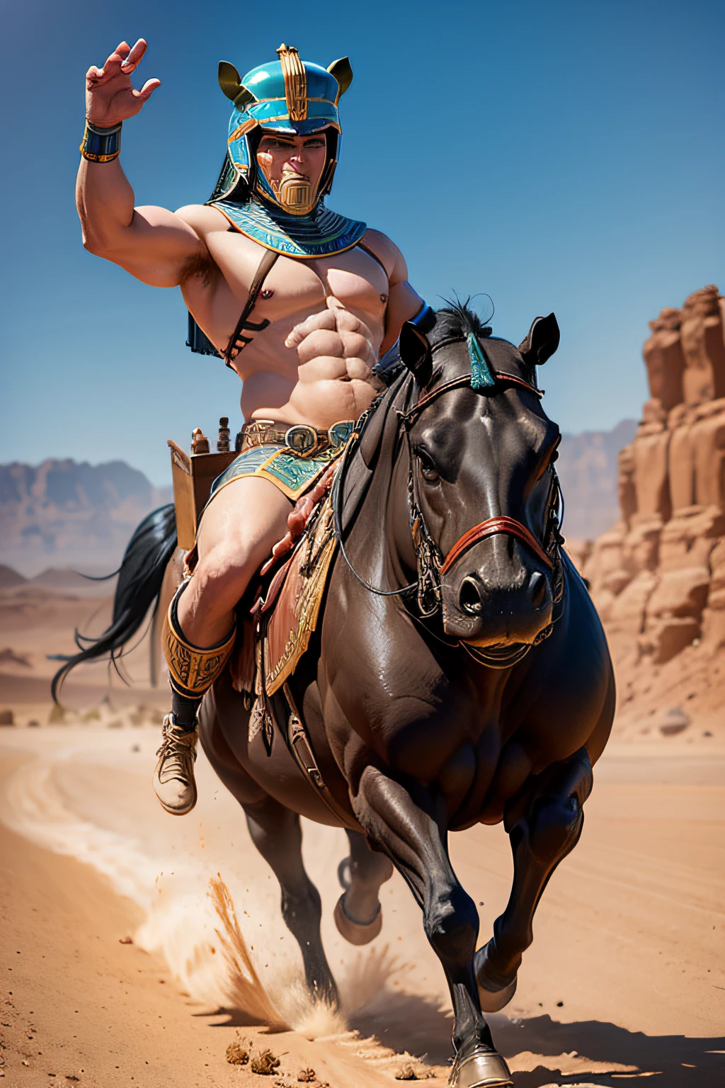 Combat hippopotamus ridden by ancient Egyptian rider in the desert