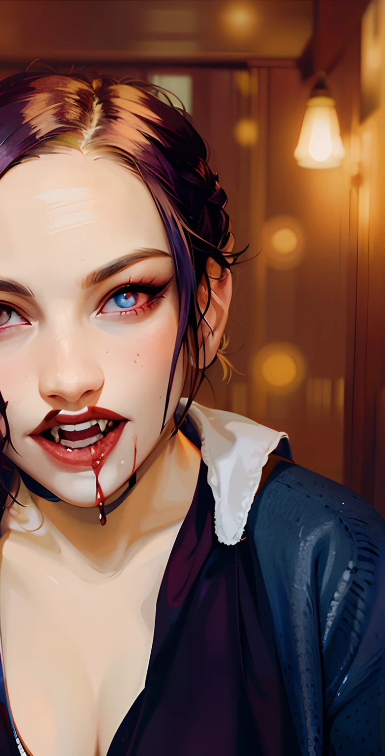 there is a woman with blood on her face, vampire girl, with fangs, vampire portrait, female vampire, woman vampire, scary vampire, scary look, portrait of beautiful vampire, vampire, carmilla vampire, androgynous vampire, beautiful female vampire, dark vampire, portrait of a vampire, evil look, portrait of a lady vampire