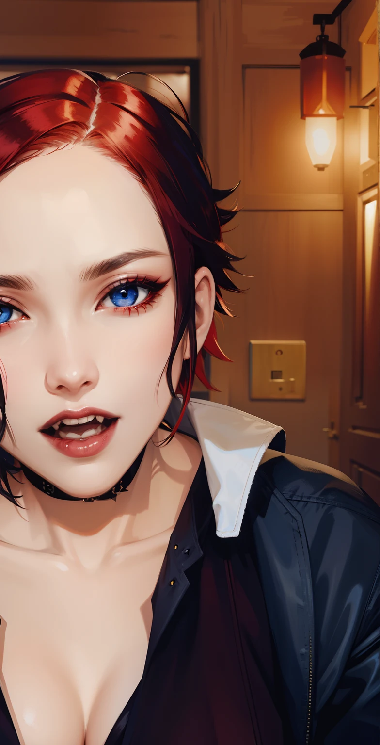 30 year old female, gothic choker, red short hair, blue eyes, fangs, vampire, blue jacket with intricate design