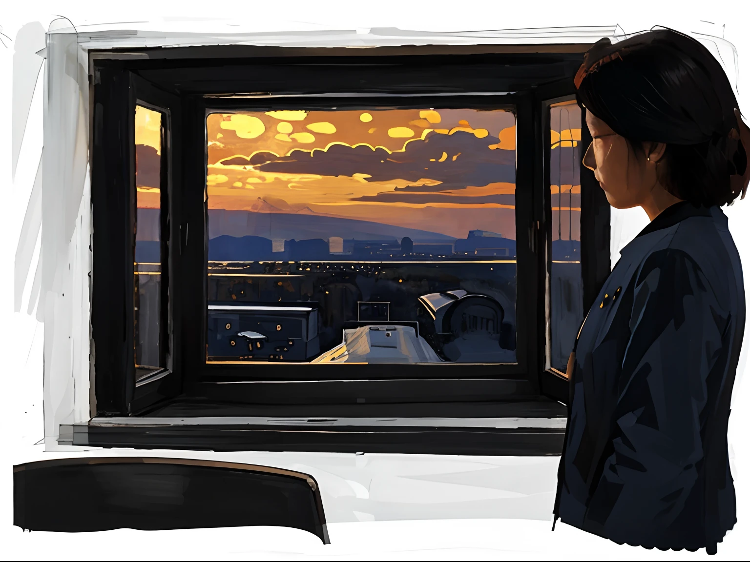 a drawing,Night view of the city outside the window,(Blue glass windows),China in the 90s of the 20th century,Retro,warm interior,It was raining outside the window