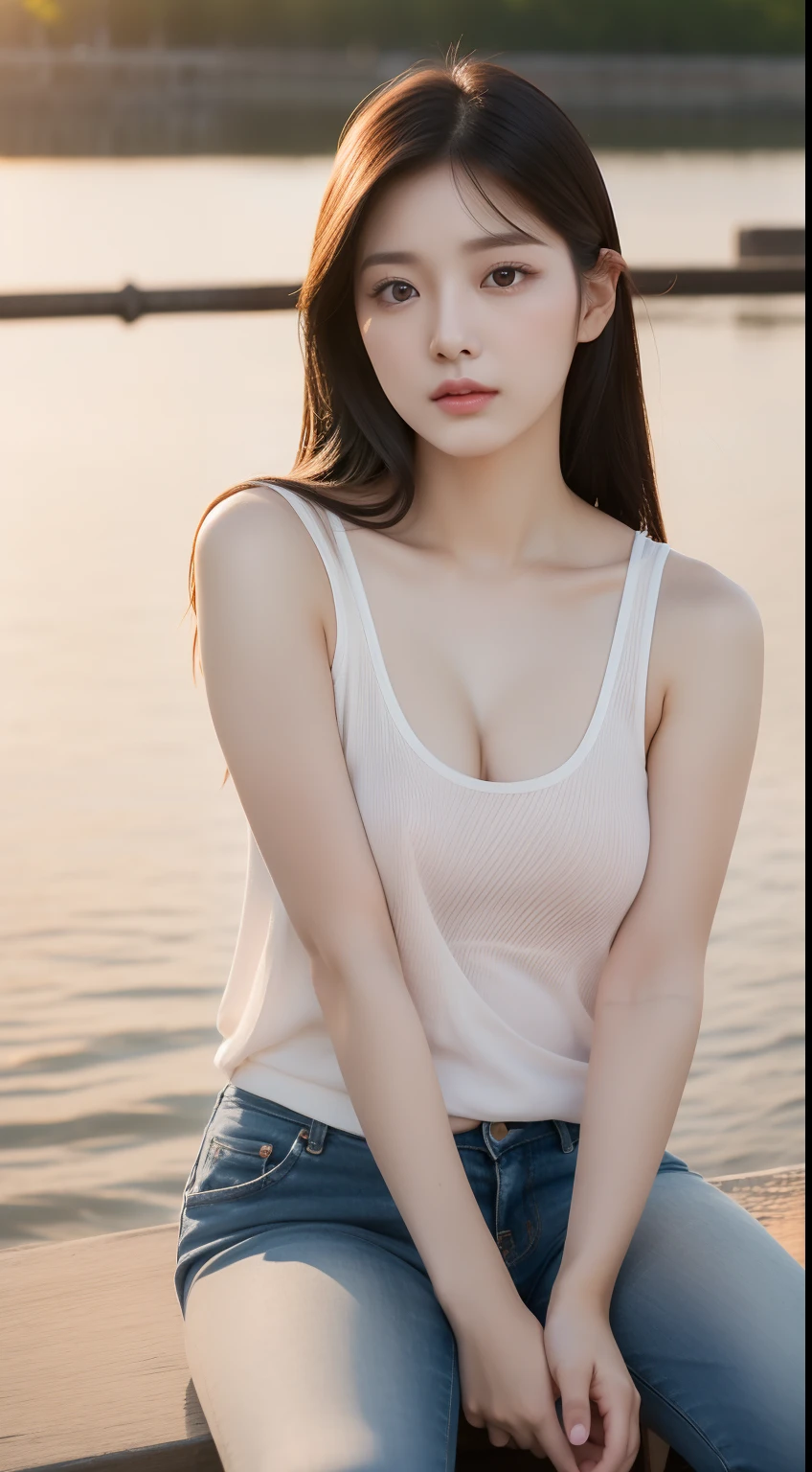 realistic photos of 1 cute Korean star, straight hair, white skin, thin makeup, 32 inch breasts size, wearing tank top, pants, sitting alone in at river side, sunset light, close-up portrait, UHD
