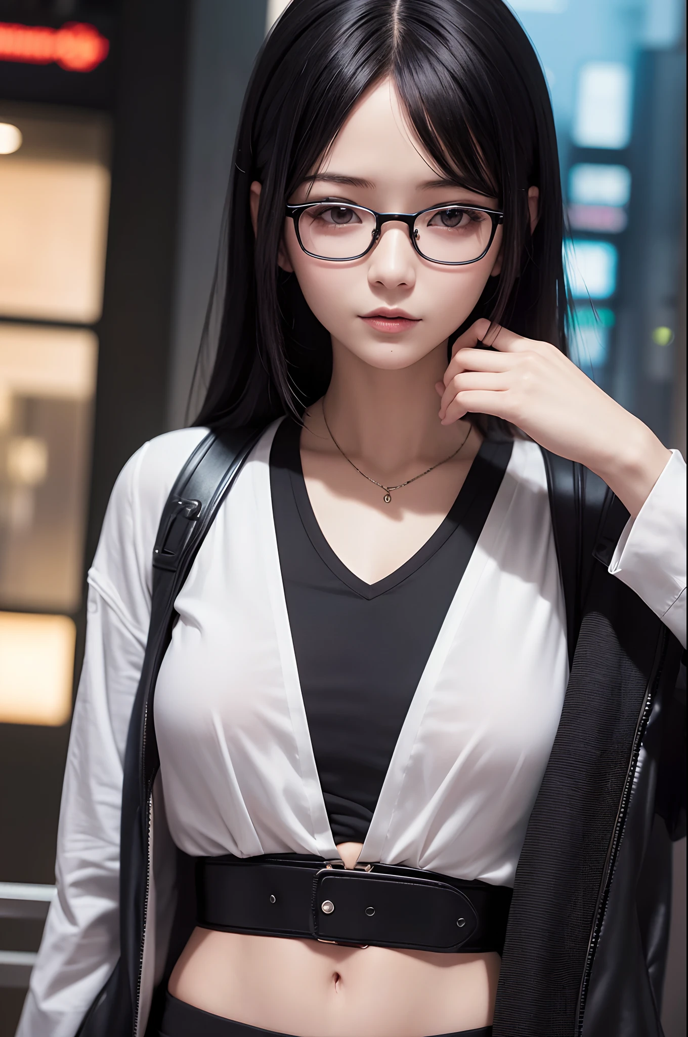 (masutepiece, Best Quality), 1girl in, Black hair, Glasses, Cyberpunk, Solo, waist-high, Sexy appearance
