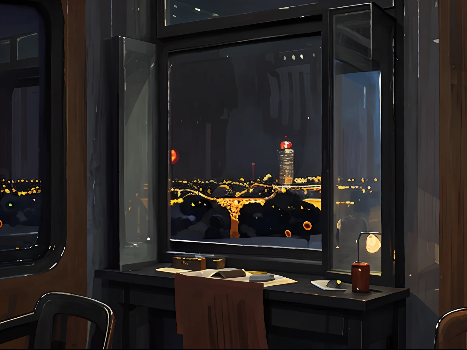 a drawing,Night view of the city outside the window,(Blue glass windows),China in the 90s of the 20th century,Retro,warm interior,It was raining outside the window