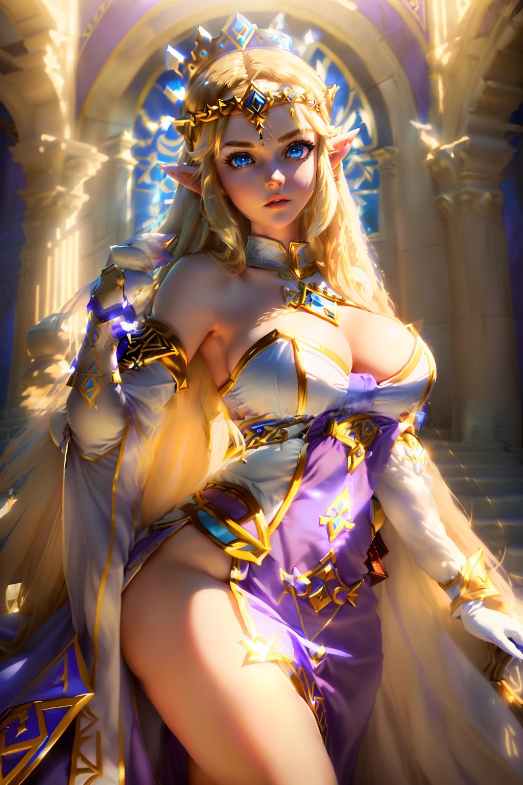 ((1girl, Princess Zelda from the legend of zelda series)) (beautiful face) (big glowing blue eyes), (red lips) (long straight blonde hair) ((huge breasts)) (perfect slim body) (wears purple and white dress with gold ornaments, gold crown, long white gloves) (posing inside castle) (high definition, amazing lights and shadows) ((masterpiece)) (8k) (perfect face) (ultra details) (perfect hands, eyes, and face)