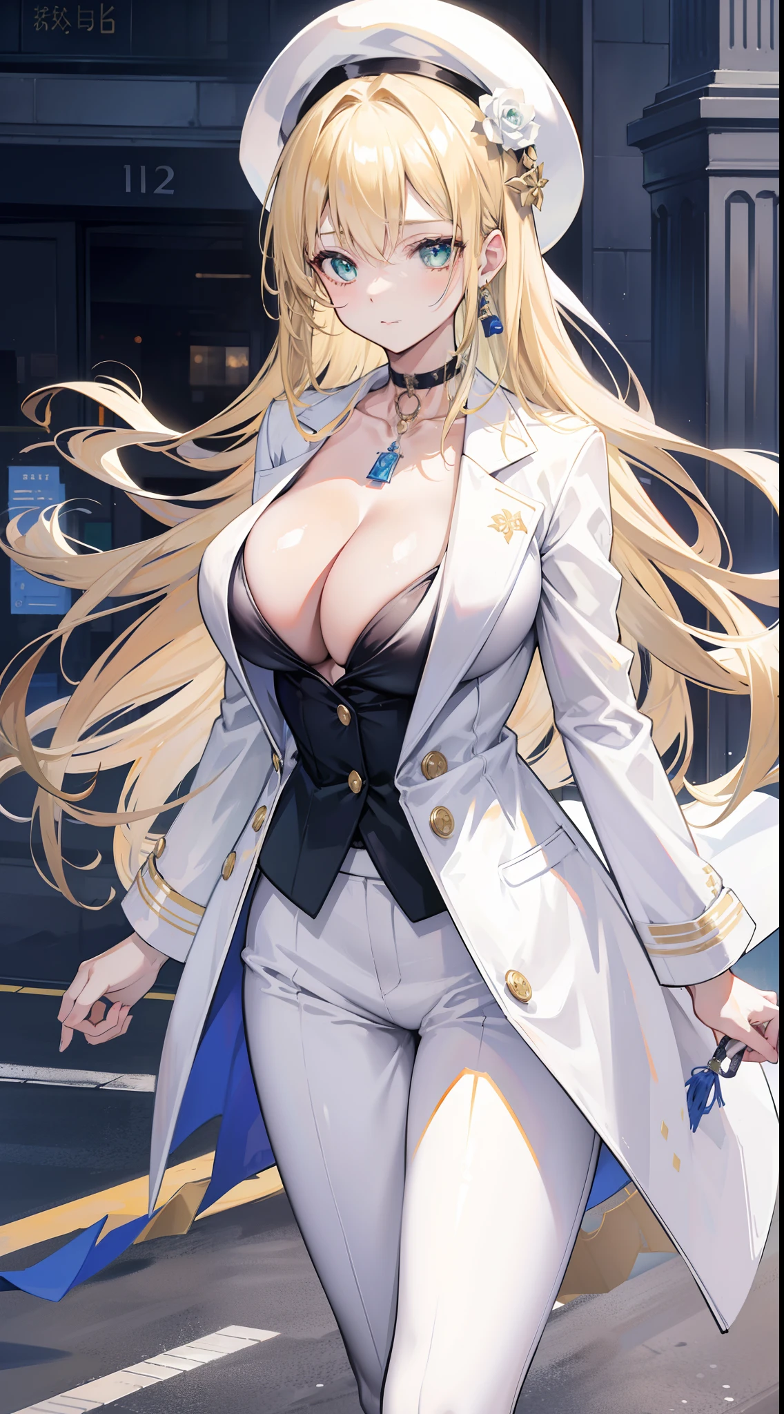 Chains，耳Nipple Ring，choker necklace，Forehead，middle parted hairstyle，femele，Train station，a beauty girl，Long light blonde hair，green pupills，Business suit，white business suit，in suit，White color blouse，shorter pants，wind coat，Cowboy hat，Flower arrangement on a hat，The streets of London，high-heels，obi strip，tiese，wind coat，ssmile，huge tit，(cleavage)，(huge tit)，((damaged clothes))