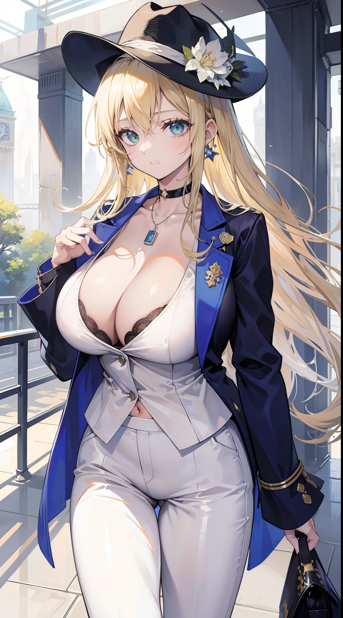 Chains，耳Nipple Ring，choker necklace，Forehead，middle parted hairstyle，femele，Train station，a beauty girl，Long light blonde hair，green pupills，Business suit，white business suit，in suit，White color blouse，shorter pants，wind coat，Cowboy hat，Flower arrangement on a hat，The streets of London，high-heels，obi strip，tiese，wind coat，ssmile，huge tit，(cleavage)，(huge tit)，((damaged clothes))