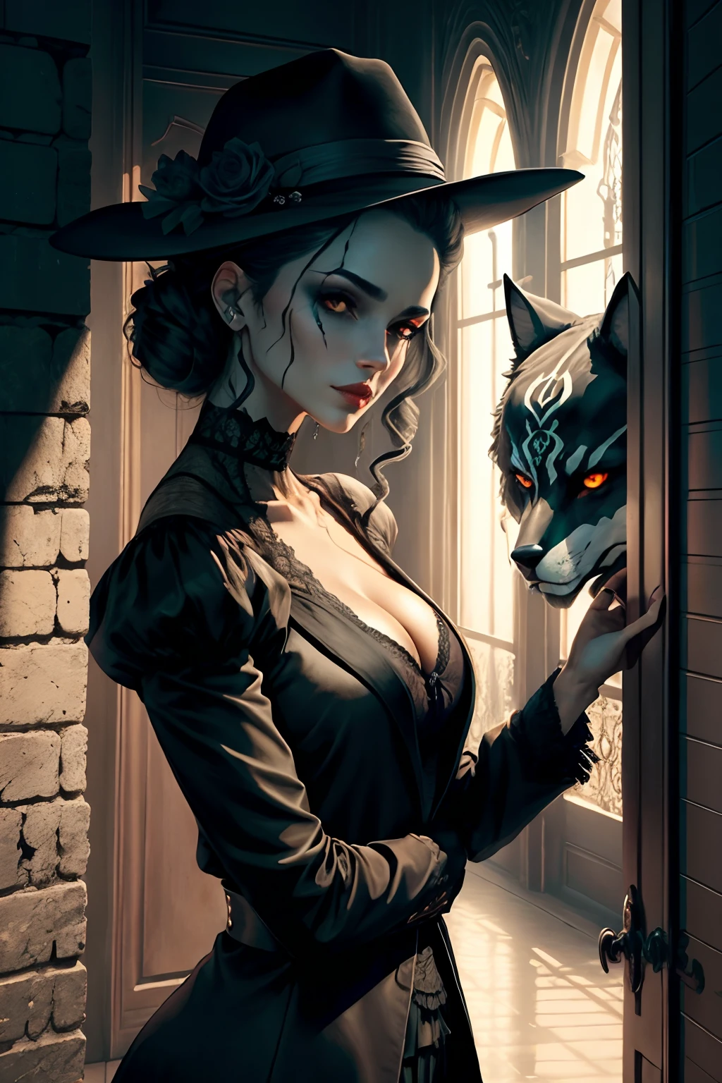 A woman with three faces, silhuetas nas sombras, bruxa, fazendo magia, lobos, chaves, magia