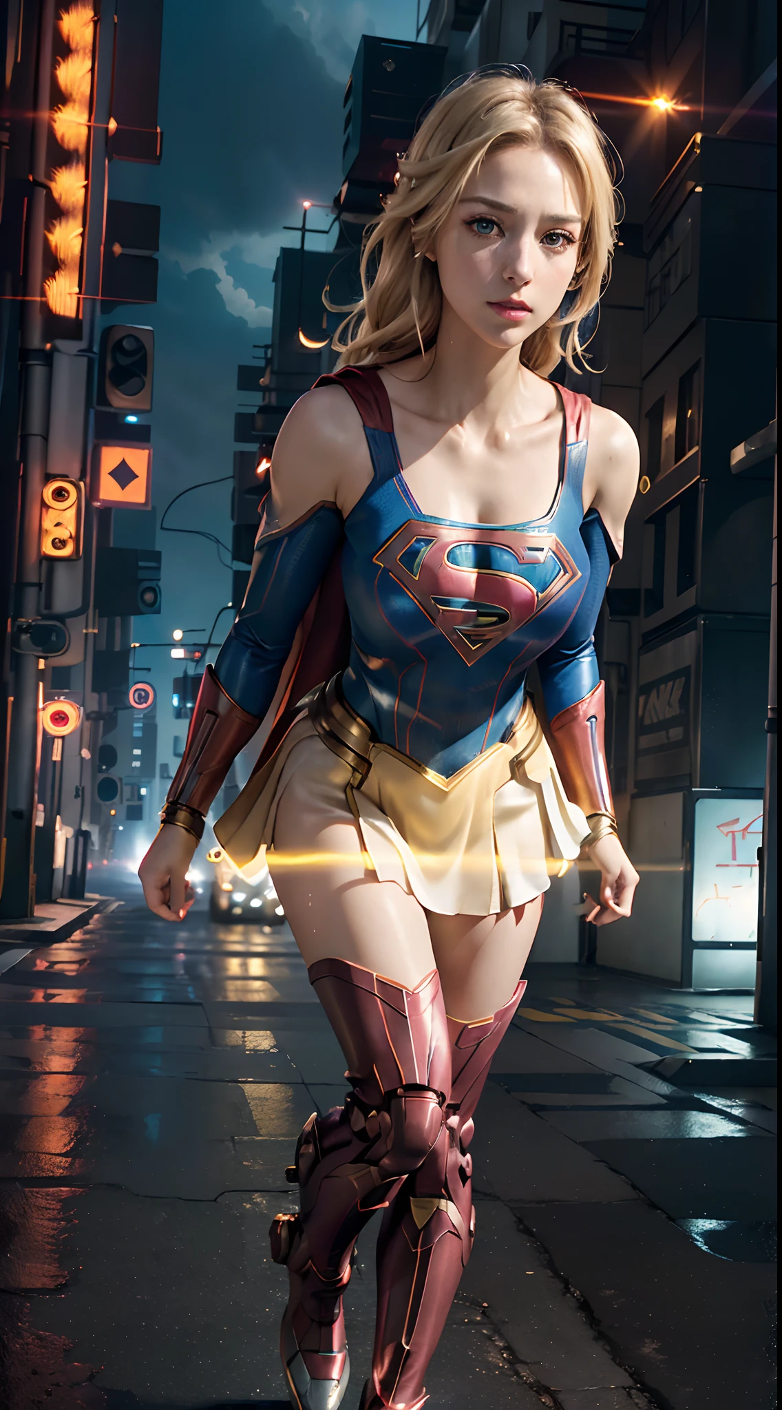Photorealistic,Realistic illustration in Manga Style,((Masterpiece)),((Best quality)),((Ultra detailed)),((1girl)),((only)),((waifu:1.5)),Unreal Engine 5,Photon Mapping,Physically-based rendering, Perfect anatomy,Cute_face,Exceptionally Beauty Waifu Realistic Photo Of Young Exceptionally Beautiful Waifu Melissa Benoist as Supergirl,((Majic Energy Aura)),((Majic Mistery Aura Of Energy Around The Body)),in a Fantasy Street,Close Up Face,((Wearing Off-shoulder Supergirl Costume Futuristic Tech Neon Armored Dress)),((Mechanized Tech Neon Parts in Arms and Legs Visible:1.3)),((Mechanized Valkyrie Neon Futuristic Tech Full Armor Supergirl Suit:1.3)),((Light Blonde Hair:1.3)),((Glowing-Red-Eyes)),Wavy Hair,Eyeliner,Cute Makeup,((Perfect Detailed Eyes)),Cyberpunk City,rainy outside,night,Vivid Details,Maximum Details,Hyper Defined Details,((HDR,UHD,DSLR)),((Film Grain:1.3)),Fujifilm X-T4,((Extremely CG Unity 8K Wallpaper)),Intricate Detailing,Extremely Beautiful and Aesthetic,Octane Rendering,Full Body Portrait,Damp Skin,((Perfect Detailed Body)),melissabenoist-smf