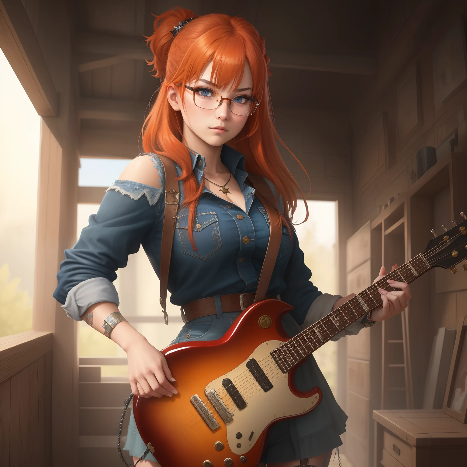 8k, masterpiece, best quality, realistic, higly detailed, cowboy shot, 1girl, solo, itsuki, serious looking girl, medium-length hair, expressive ahoge, reddish-orange hair, a pair of star-shaped hairpins near both of her eyes, dark blue eyes, average height, well-endowed figure, glasses, cute, punk singer