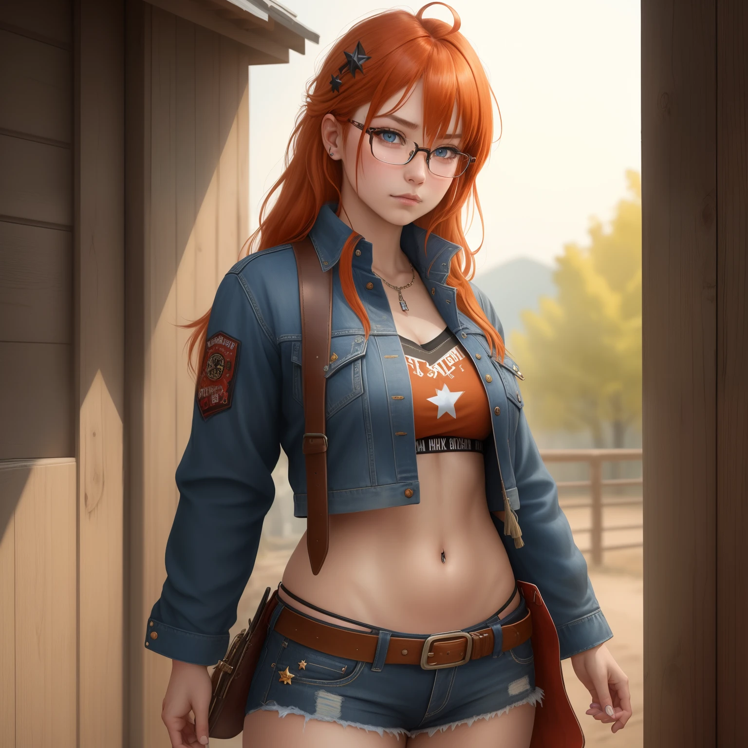 8k, masterpiece, best quality, realistic, higly detailed, cowboy shot, 1girl, solo, itsuki, serious looking girl, medium-length hair, expressive ahoge, reddish-orange hair, a pair of star-shaped hairpins near both of her eyes, dark blue eyes, average height, well-endowed figure, glasses, cute, punk singer