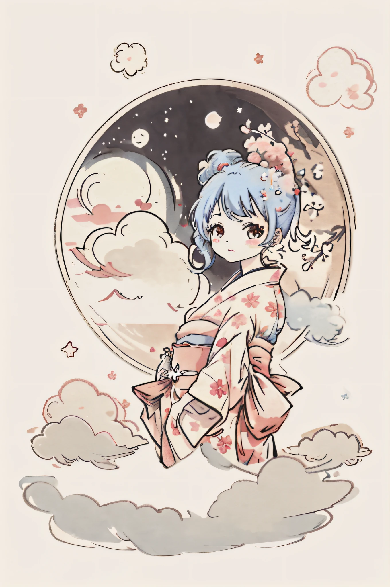 1 sticker, sticker, nikkaze, (cute girl), (gorgeous kimono), (gorgeous hair accessory), (Japanese traditional hairstyle), cherry blossoms, clouds, behind is a huge round moon, stars, white background, no background, simple background, minimal, cute, tiny, pastel color, vector style, no gradient