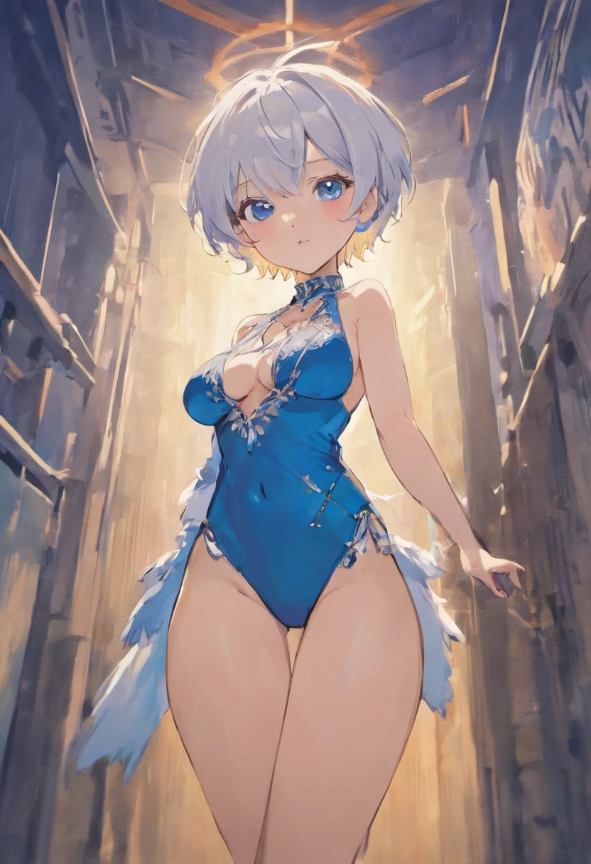 1girl, blue bandana, white hair, short hair, blue eyes, posing, breasts, cleavage, thighs, big breast, sexy, looking at the viewer,