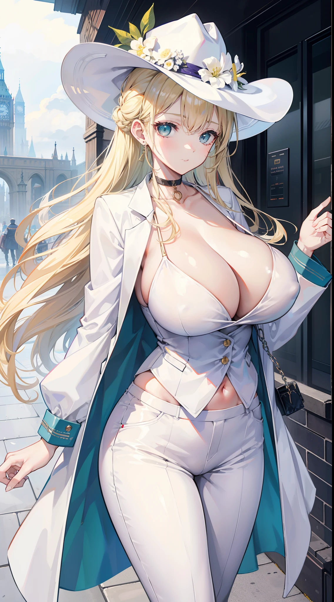 Chains,耳Nipple Ring,choker necklace,Forehead,middle parted hairstyle,femele,Train station,a beauty girl,Long light blonde hair,green pupills,Business suit,white business suit,in suit,White color blouse,shorter pants,wind coat,Cowboy hat,Flower arrangement on a hat,The streets of London,high-heels,obi strip,tiese,wind coat,ssmile,huge tit,(cleavage),(huge tit),((damaged clothes))