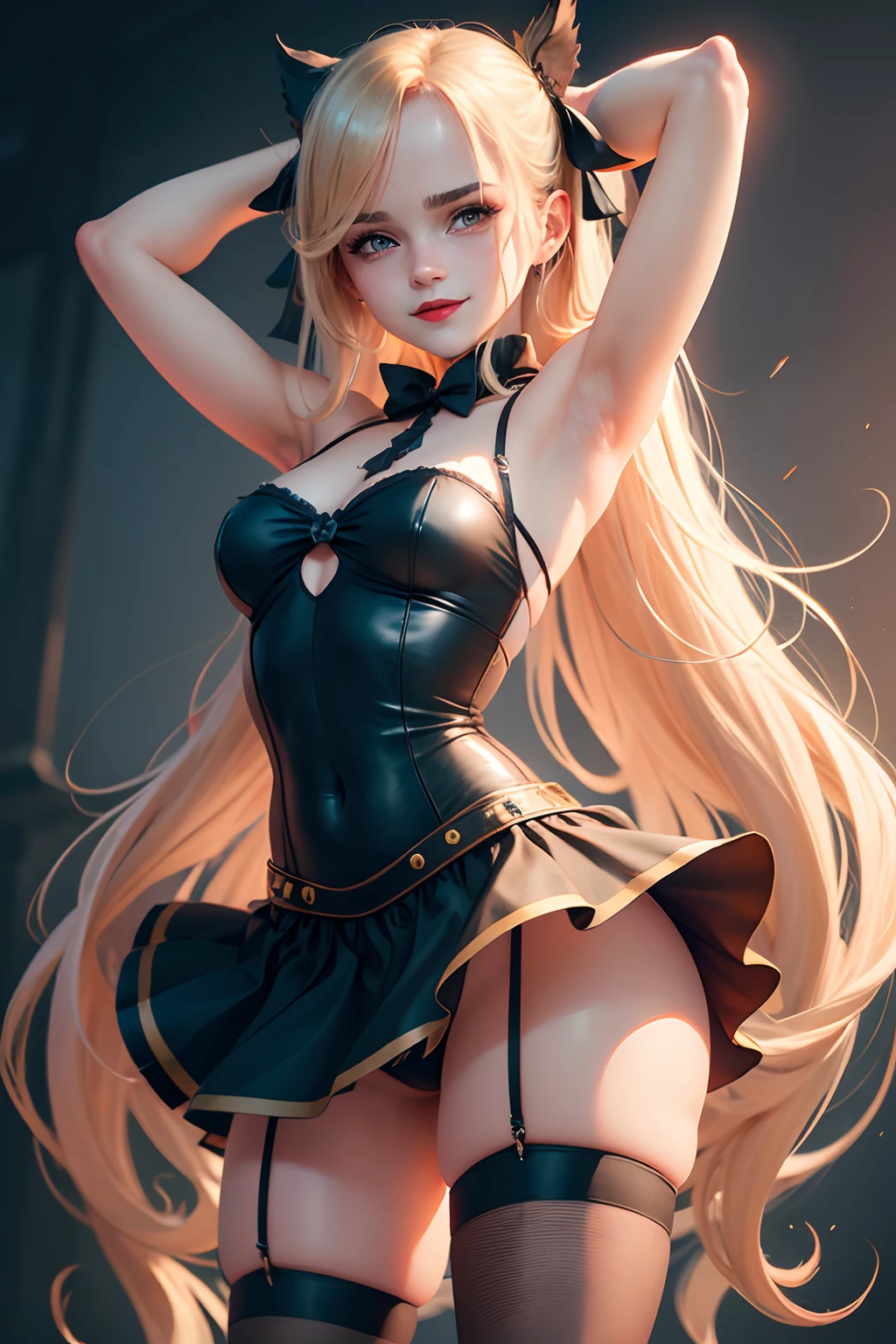 Obra maestra, best quality, Emma Watson, succubus_evil, armpits, two_wings, ager, large_blond_tail_hair_ribbon, 1girl, blue_eyes, (lolil), big_legs, large_socks_thighs, shorts_dress, big_hips, stand_up, smile_red_lips.