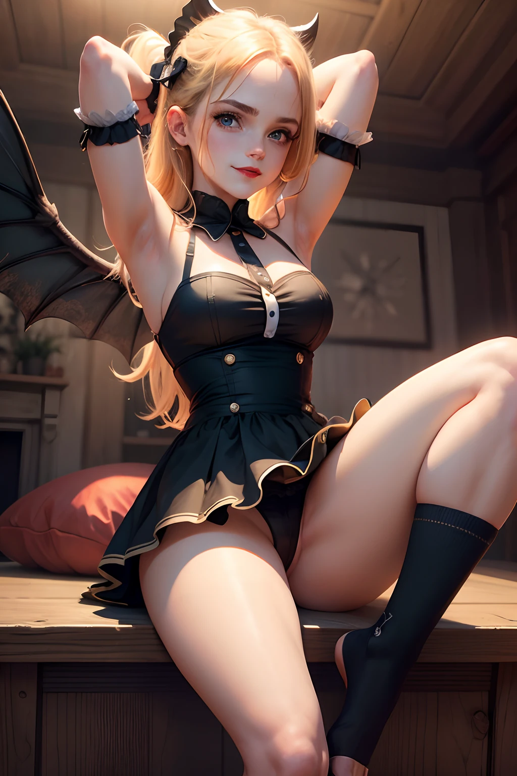 Obra maestra, best quality, Emma Watson, succubus_evil, armpits, two_wings, ager, large_blond_tail_hair_ribbon, 1girl, blue_eyes, (lolil), big_legs, large_socks_thighs, shorts_dress, big_hips, stand_up, smile_red_lips.