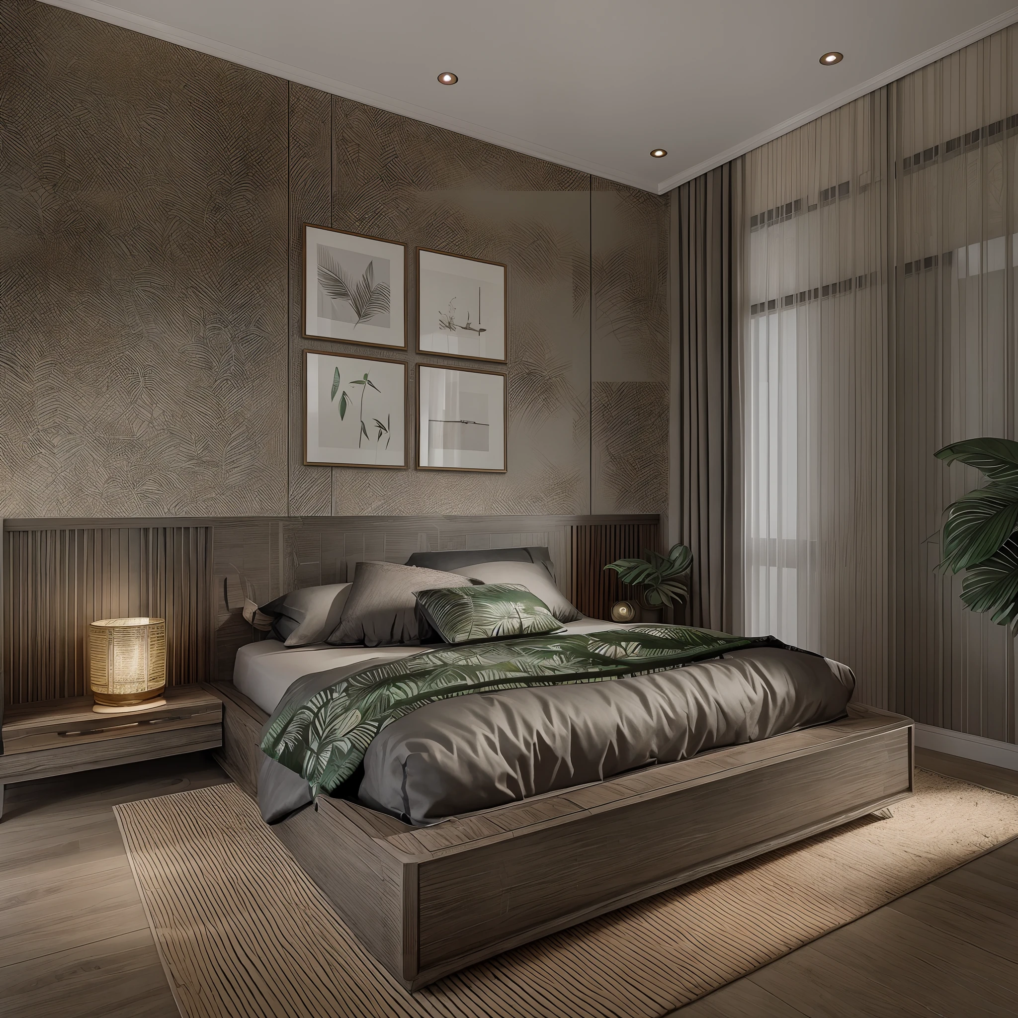 indochine_style,bedroom,use stickers with tropical plant images on the bedside wall,Grey Illustrated Feathers Wallpaper,