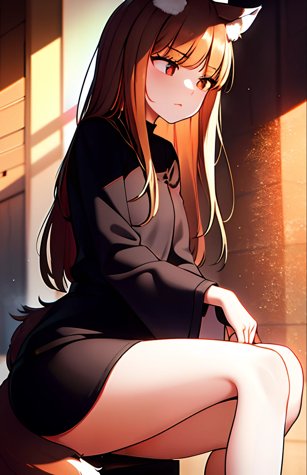 masterpiece, best quality,1girl, wolf ears, tail:0.6 delicate face, red eyes, (beautiful eyes:1.1), wolf girl, brown hair, long hair, black dress, lace, black thigh-highs, head tilt, wallpaper, HDR, illustration, high quality,high-definition, extremely detailed, subsurface scattering, light particles, natural light, shadow, contrast, texture, detail, realism, impressionistic, expressionistic, abstract, innovative, experimental, unique, warmth, coziness, intimacy, personal space, privacy, relaxation, ease, contentment, pleasure, self-expression, individuality, fashion, style, aesthetics, beauty, imagination, artistry, composition, balance, harmony, rhythm, color, light, shadow, reflection, refraction, tone, contrast, foreground, middle ground, background, naturalistic, figurative, representational.