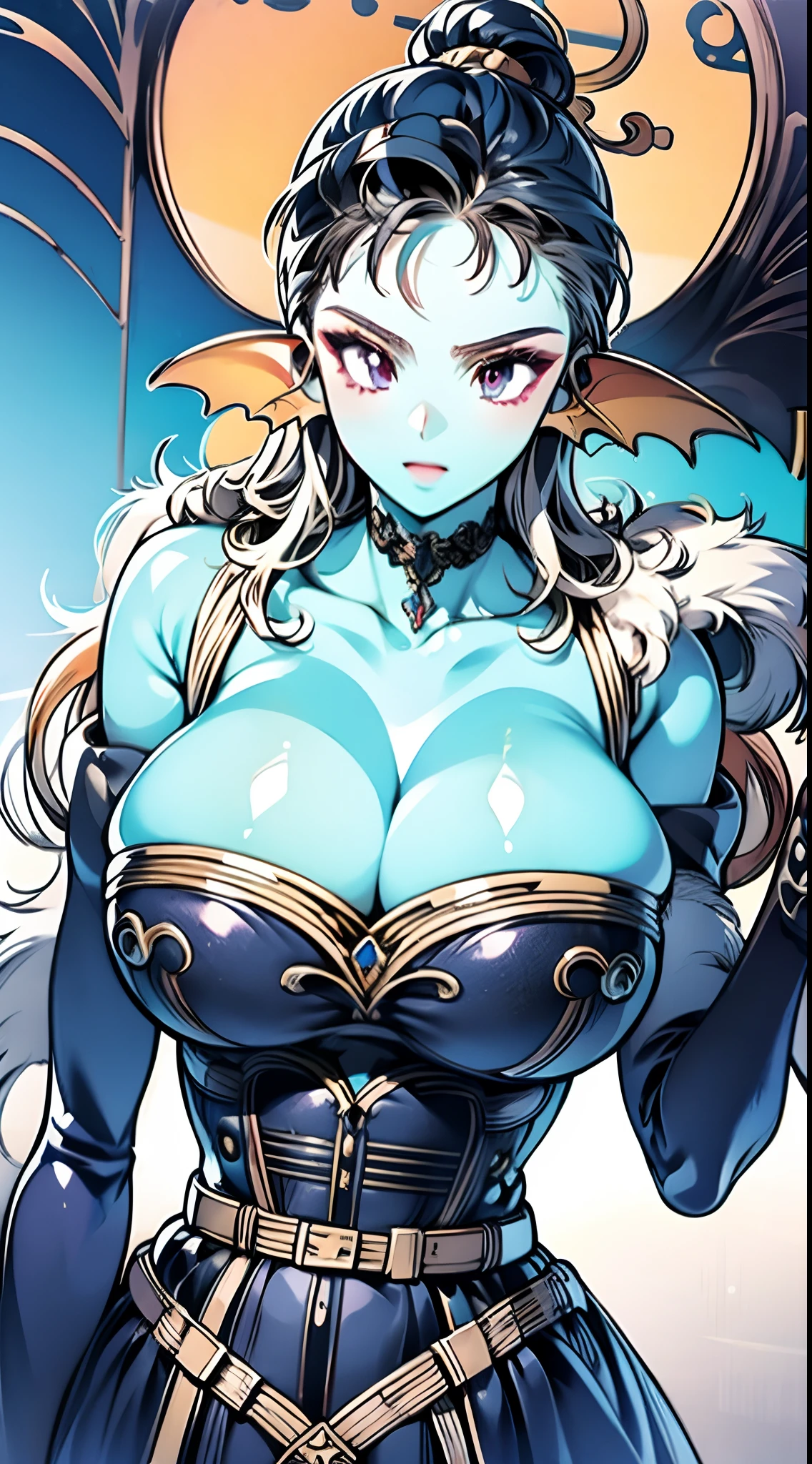 1girl in, ​masterpiece, top-quality, 8K, Detailed blue skin texture, Detailed Cloth Texture, beautifull detailed face, intricate-detail, ultra-detailliert, European Girl, Purple eyes,  3dcharacter, medieval knight、8K,High quality,Anime,married woman,Beautiful,Beautiful,Bright,Eye Highlights,Purple eyes,Sexy,ultra gigantic tits,oversized tits,Dark blue ,Erotic,beautiful line art. Blue skin, Blue and orange gradient fins,