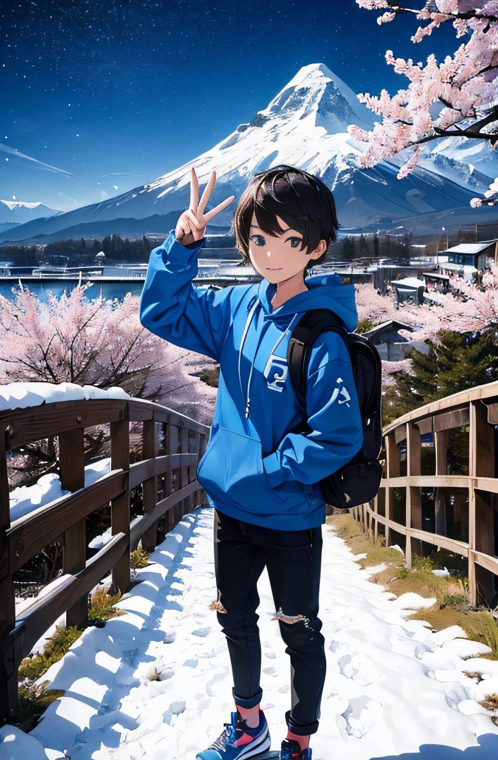 boy in blue hoodie, 14 year old, black jeans, blue and white jordans, brown hair, cute, hyped vibrant, backpack, view of cherry blossom and snowy mountain, peace sign cute pose, far from mountain view, view focusing on the mountain view, starry beautiful sky, withgame platformer tiles floating in air