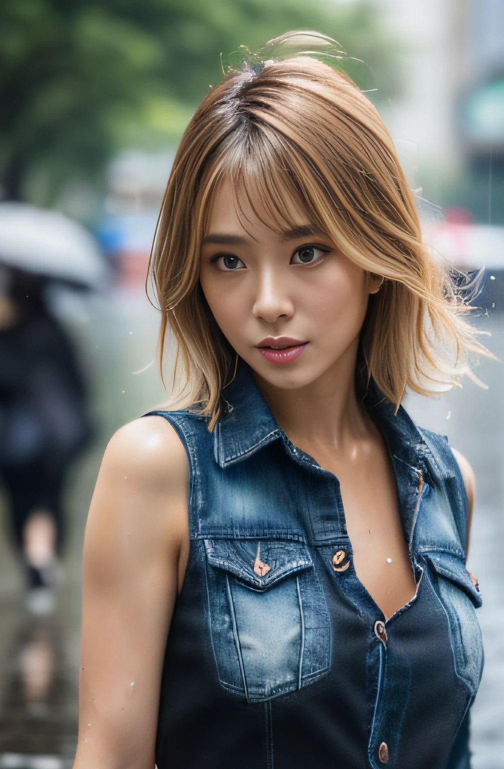 (masterpiece:1.2), ultra detailed, ultra high res, (realistic, photo realistic:1.37), high detail RAW color photo, professional photograph, an extremely delicate and beautiful, extremely detailed, finely detail, huge file size, extremely detailed beautiful girl, extremely detailed face, extremely detailed eyes, extremely detailed skin, extremely detailed nose, extremely detailed mouth, perfect anatomy, highly detailed background, shiny skin, (Japanese famous actress:1.2), (gyaru:1.25), flat chest, (brown race, dark skin, blond hair:1.55), (very shortcut hair:1.3), (denim shirts:1.2), (midriff peek:1.2), (heavy rain:1.4), (wet hair, wet skin, wet cloth:1.4), water drops, (full body:1.3), cinematic lighting, (dynamic pose:1.35), (shibuya:1.35)