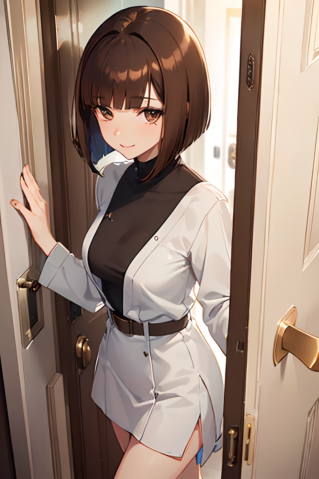 1girll,(Brown bob hair:1.6),Blue miniskirt,Blouses of white color,,Mature beautiful and sexy,In the hotel corridor,(Knock on the door:2),Greet with a smile,Seductive, Ultra-detailed CG,Exquisite facial features,Clear facial expressions,Detailed Digital Anime Art,digital anime art,High quality anime art style