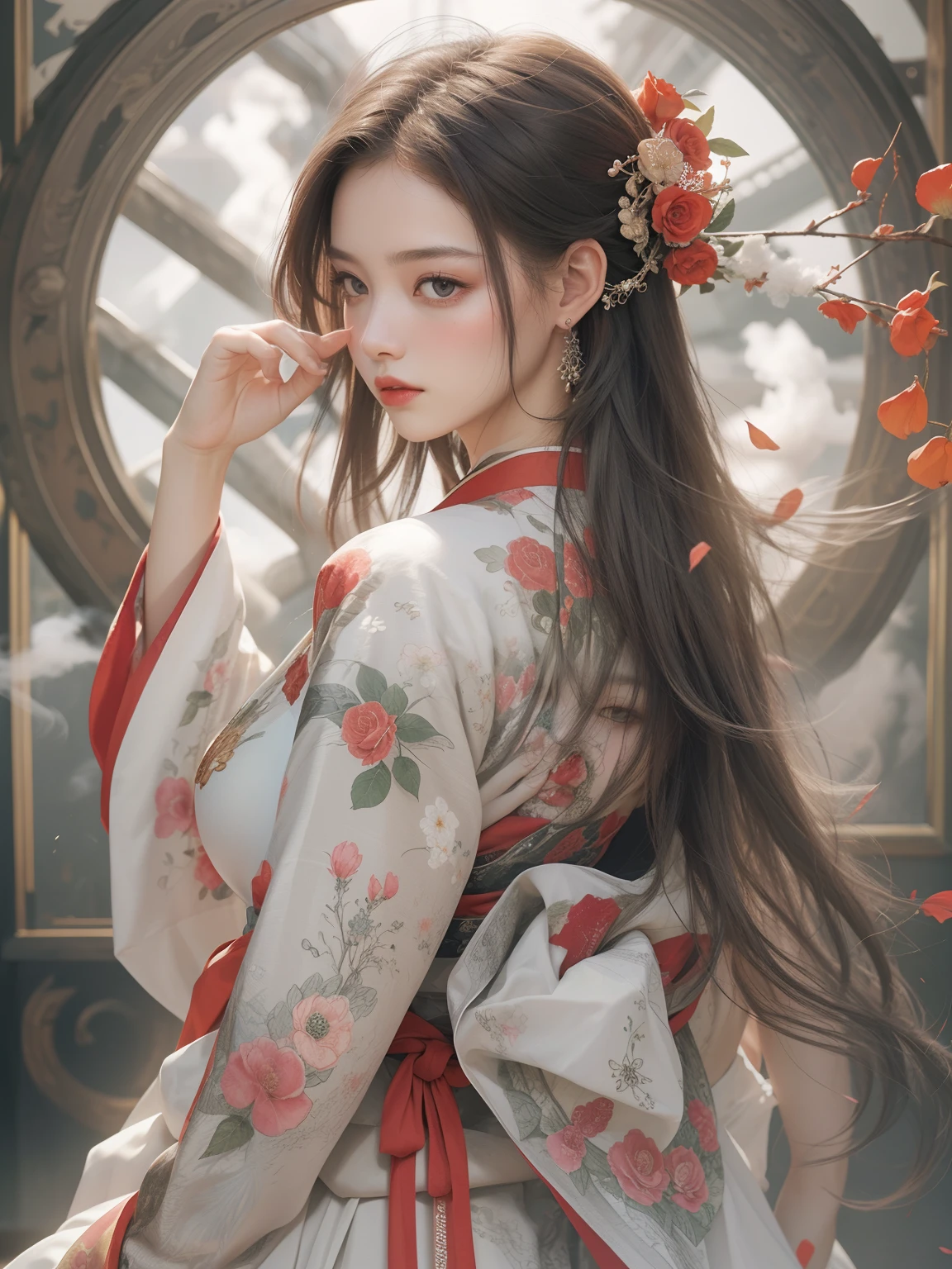 zhongfenghua, 1 girl only, hanfu, antique_china_architecture, Flower Field, floral, (white smoke:1.3) (photorealistic portrait:1.4), Zentangle, Mandala, Entangle, official art, Unity 8k壁纸, ultra-detail, beautiful and beautiful, masterpiece,bestquality, (dynamic angle:1.4), gleaming skin, (Colorful sparks float:1) most beautiful form of chaos, Elegant, a brutalist designed, vibrant colours, Exotic romance, Depth of Field._ Red petals, facing back.