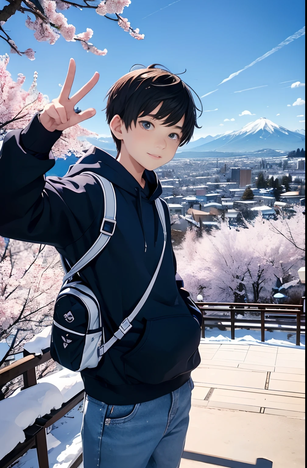 boy in blue hoodie, 14 year old, black jeans, blue and white jordans, brown hair, cute, hyped vibrant, backpack, view of cherry blossom and snowy mountain, peace sign cute pose, far from mountain view, view focusing on the mountain view, starry beautiful sky, withgame platformer tiles floating in air