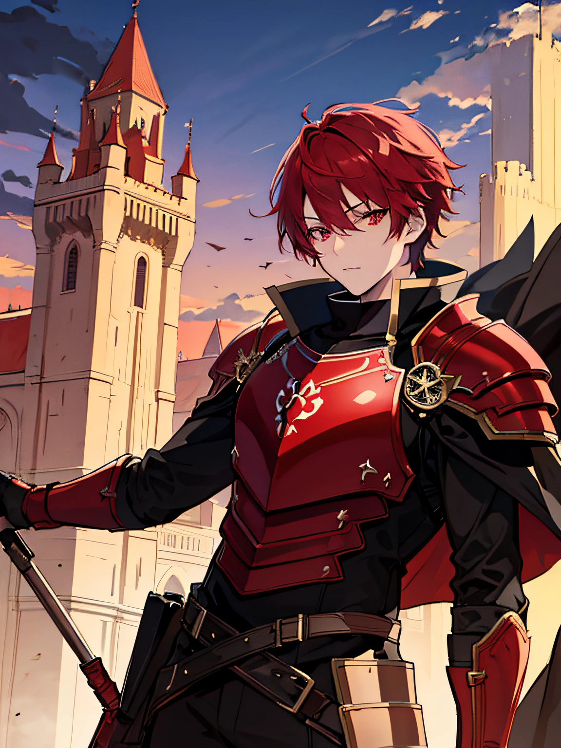 masterpiece, acura, 1boy, solo, adventurer clothes, red hair, armor, magnificent castle structure background, line drawing, looking at viewer, red eyes, flexing pose ((sketch))