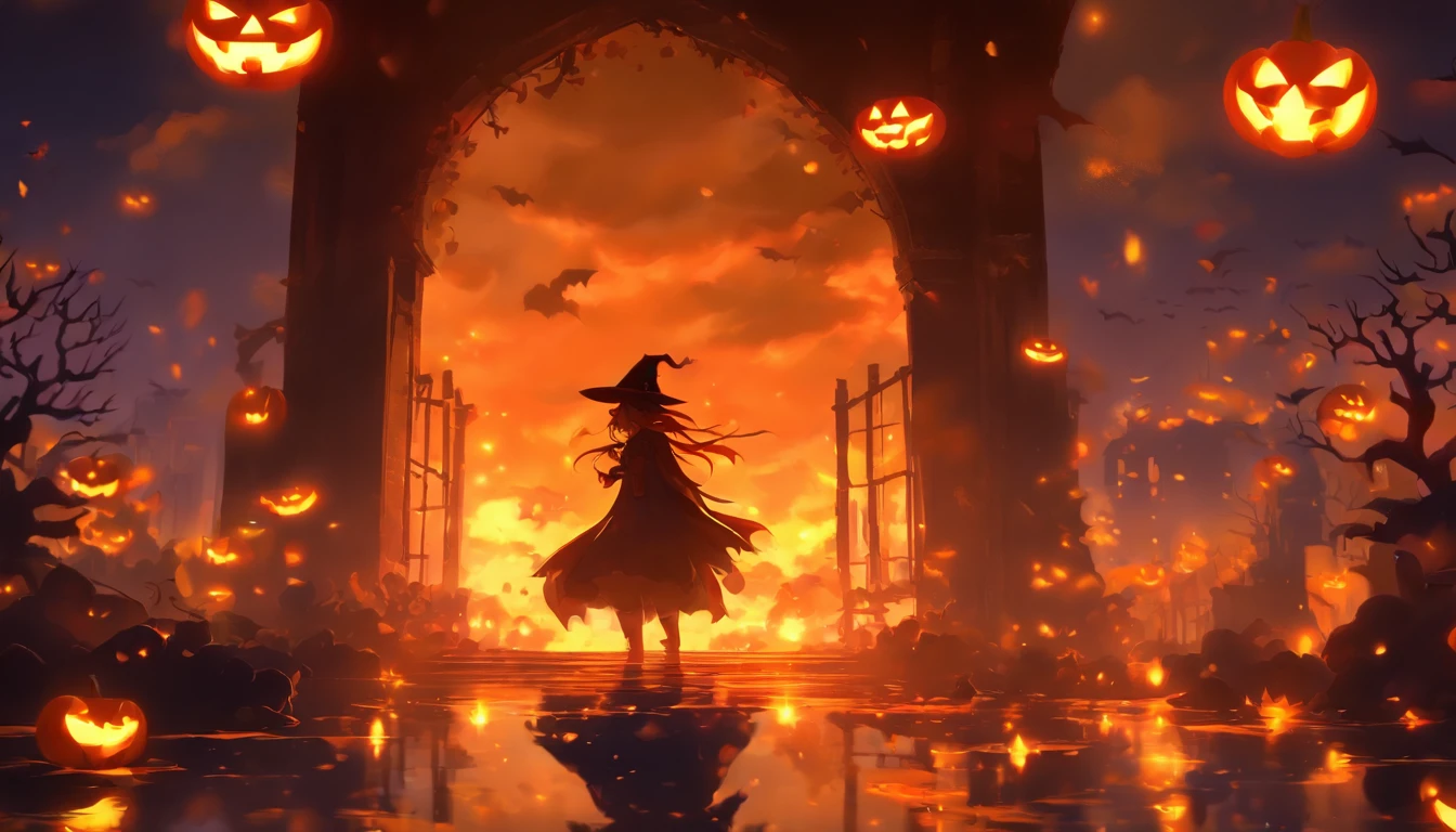 Halloween Floating Lights, Light and reflection in the film, glowing lights, Intermediate elements of the metaverse,Digital Painting, Bright Reflections, reflect, Halloween Jack-o'-lantern, Quiet night, Digital Illustration, lovely atmosphere, Skylight at night, Quiet atmosphere at night, Jack-o'-lantern, Halloween, it is night, 10, The game scene, Halloween, Surrounded by clouds, New York's Buildings, Will、Enamel Tile, beautifuly color, There are three arches in the foreground((Tinted Ink ) ), ((splashing ink) inky})), tmasterpiece, High career, graphics beautiful, high details,magnifica